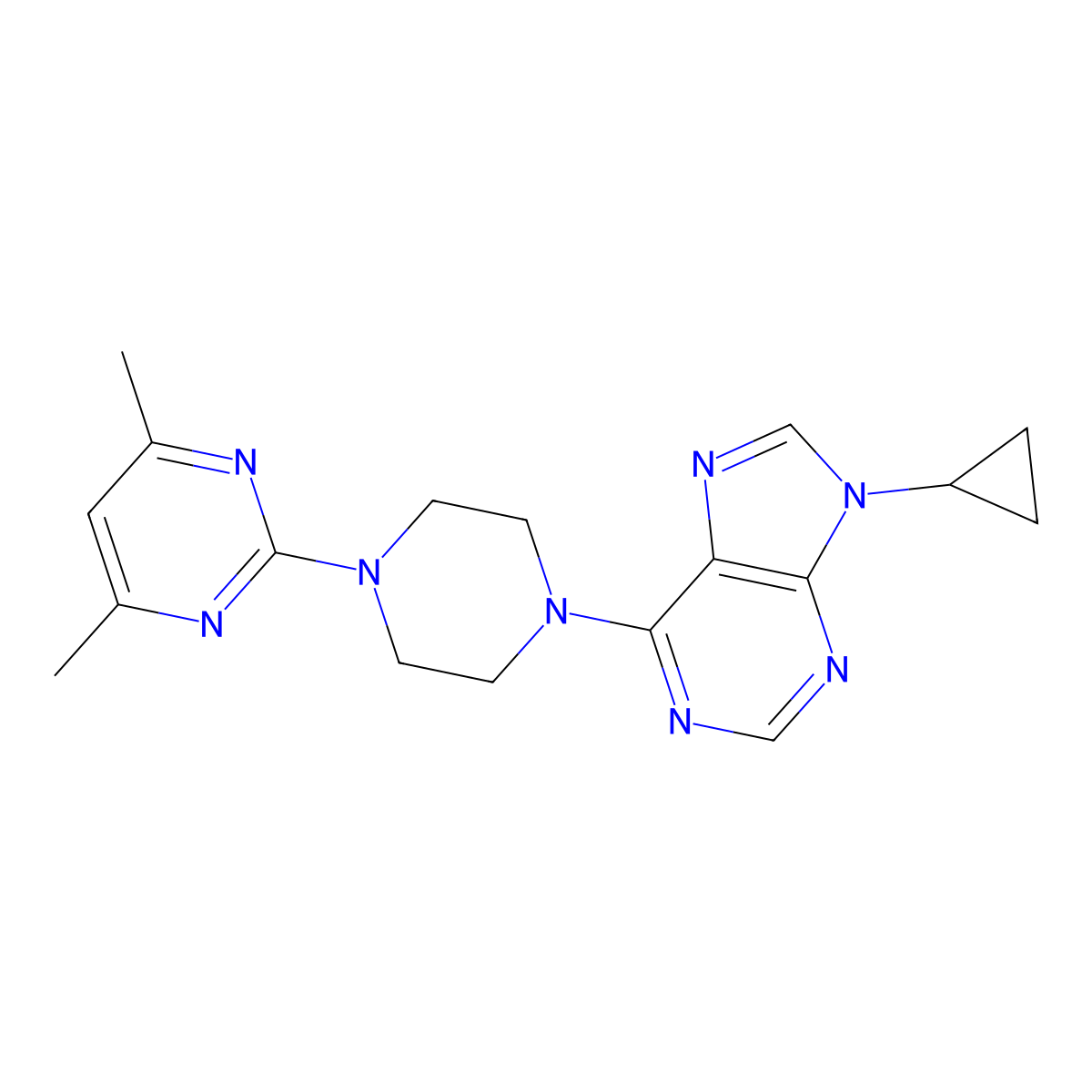 9-cyclopropyl-6-[4-(4,6-dimethylpyrimidin-2-yl)piperazin-1-yl]-9H-purine molecular structure, CAS 2640953-55-3