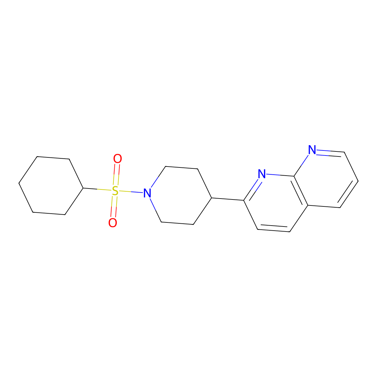 2-[1-(Cyclohexanesulfonyl)piperidin-4-yl]-1,8-naphthyridine molecular structure, CAS 2640953-58-6