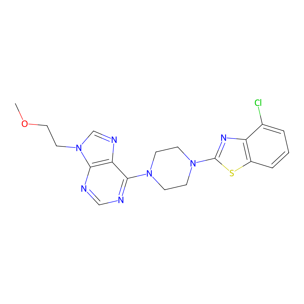 6-[4-(4-chloro-1,3-benzothiazol-2-yl)piperazin-1-yl]-9-(2-methoxyethyl)-9H-purine molecular structure, CAS 2640953-61-1
