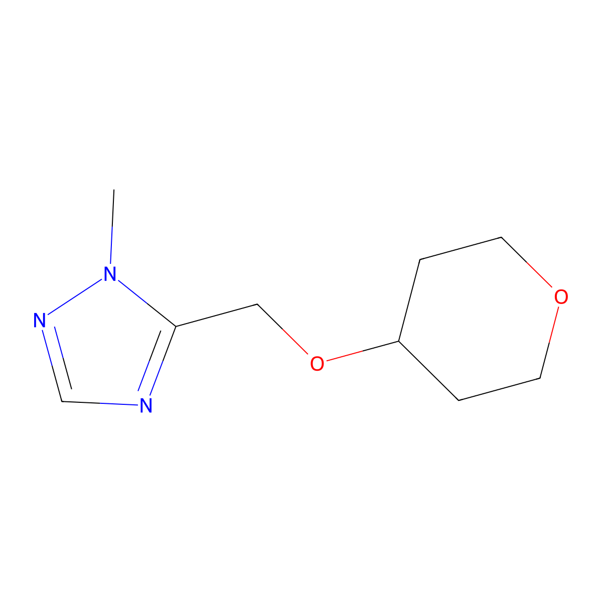 1-methyl-5-[(oxan-4-yloxy)methyl]-1H-1,2,4-triazole molecular structure, CAS 2640953-66-6