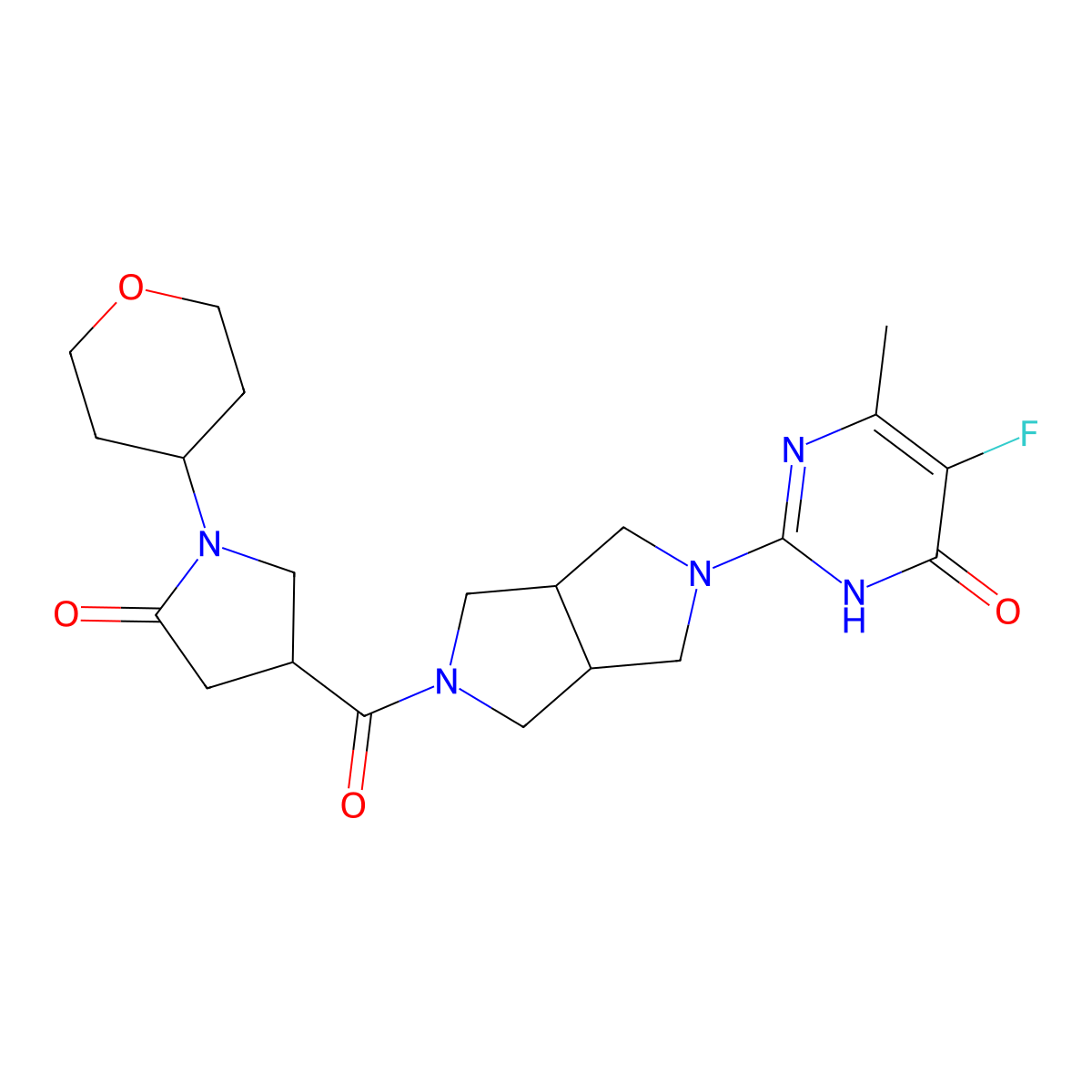 5-Fluoro-6-methyl-2-{5-[1-(oxan-4-yl)-5-oxopyrrolidine-3-carbonyl]-octahydropyrrolo[3,4-c]pyrrol-2-yl}-3,4-dihydropyrimidin-4-one molecular structure, CAS 2640953-69-9