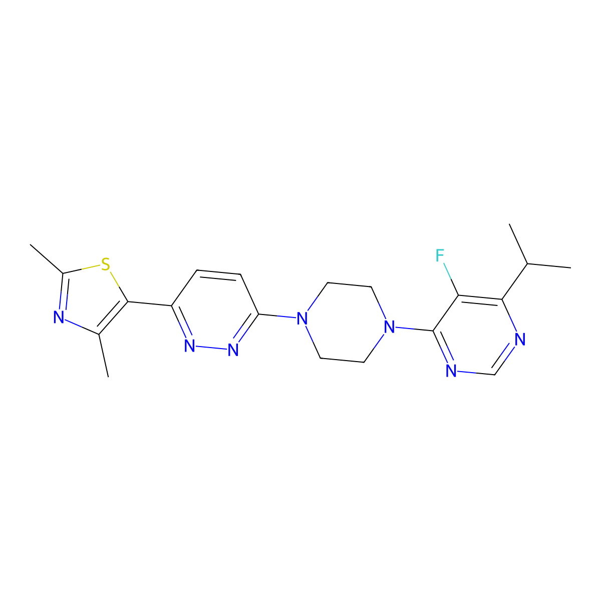 4-{4-[6-(2,4-Dimethyl-1,3-thiazol-5-yl)pyridazin-3-yl]piperazin-1-yl}-5-fluoro-6-(propan-2-yl)pyrimidine molecular structure, CAS 2640953-72-4