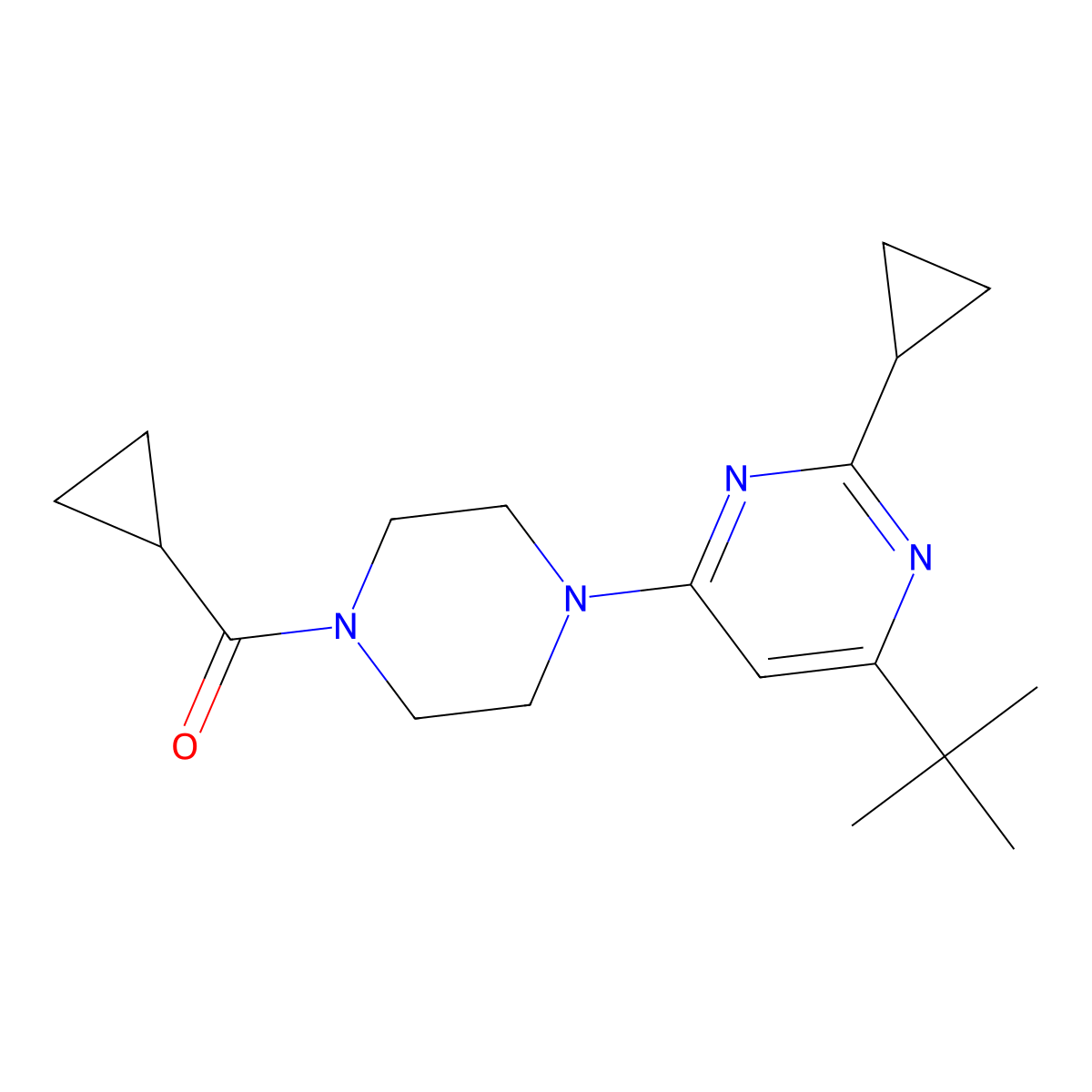 4-Tert-butyl-6-(4-cyclopropanecarbonylpiperazin-1-yl)-2-cyclopropylpyrimidine molecular structure, CAS 2640953-73-5