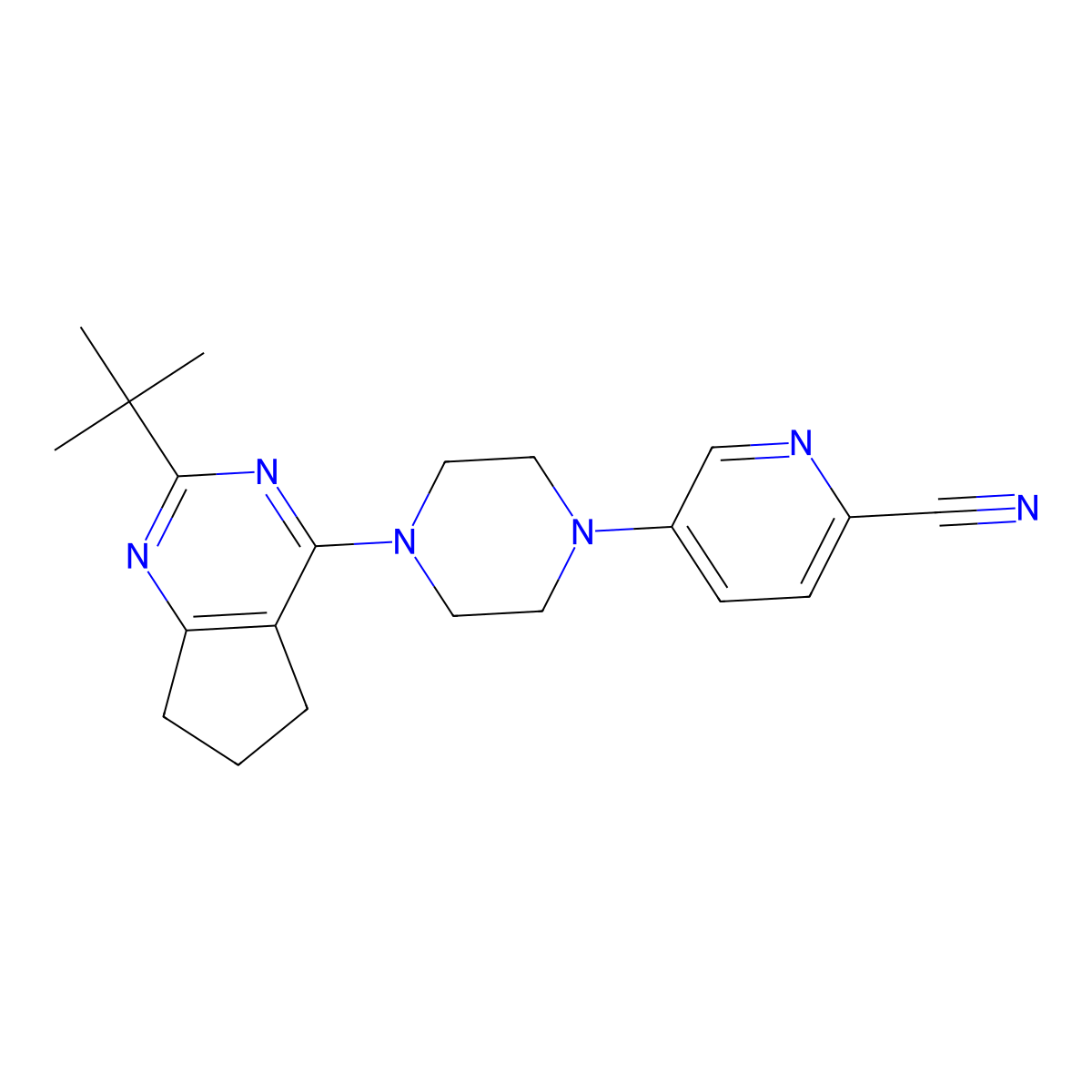 5-(4-{2-tert-butyl-5H,6H,7H-cyclopenta[d]pyrimidin-4-yl}piperazin-1-yl)pyridine-2-carbonitrile molecular structure, CAS 2640953-75-7