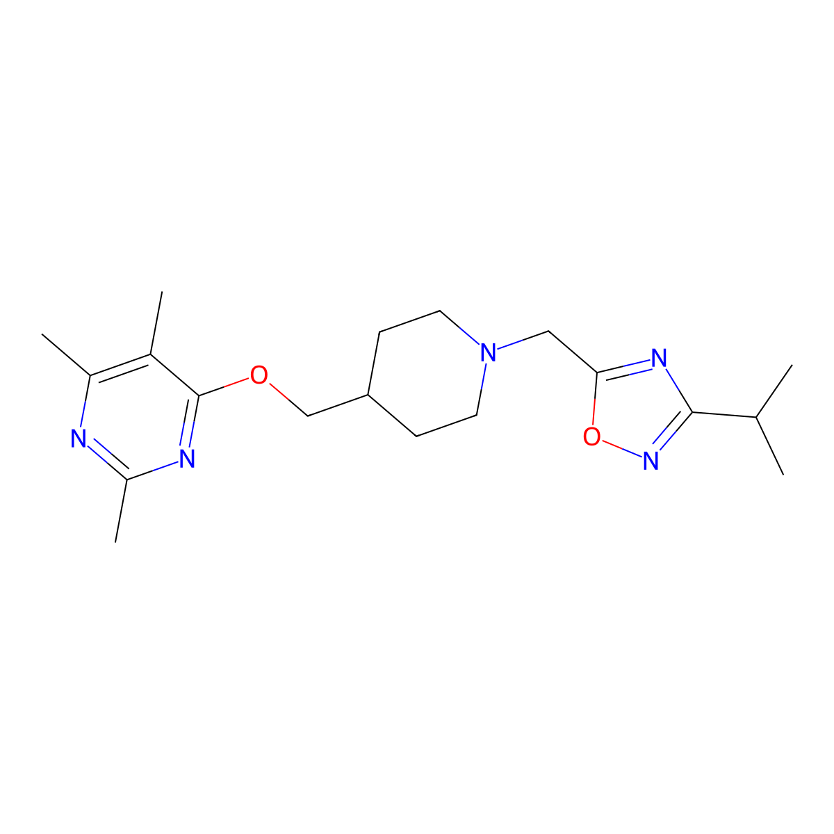 2,4,5-Trimethyl-6-[(1-{[3-(propan-2-yl)-1,2,4-oxadiazol-5-yl]methyl}piperidin-4-yl)methoxy]pyrimidine molecular structure, CAS 2640953-79-1