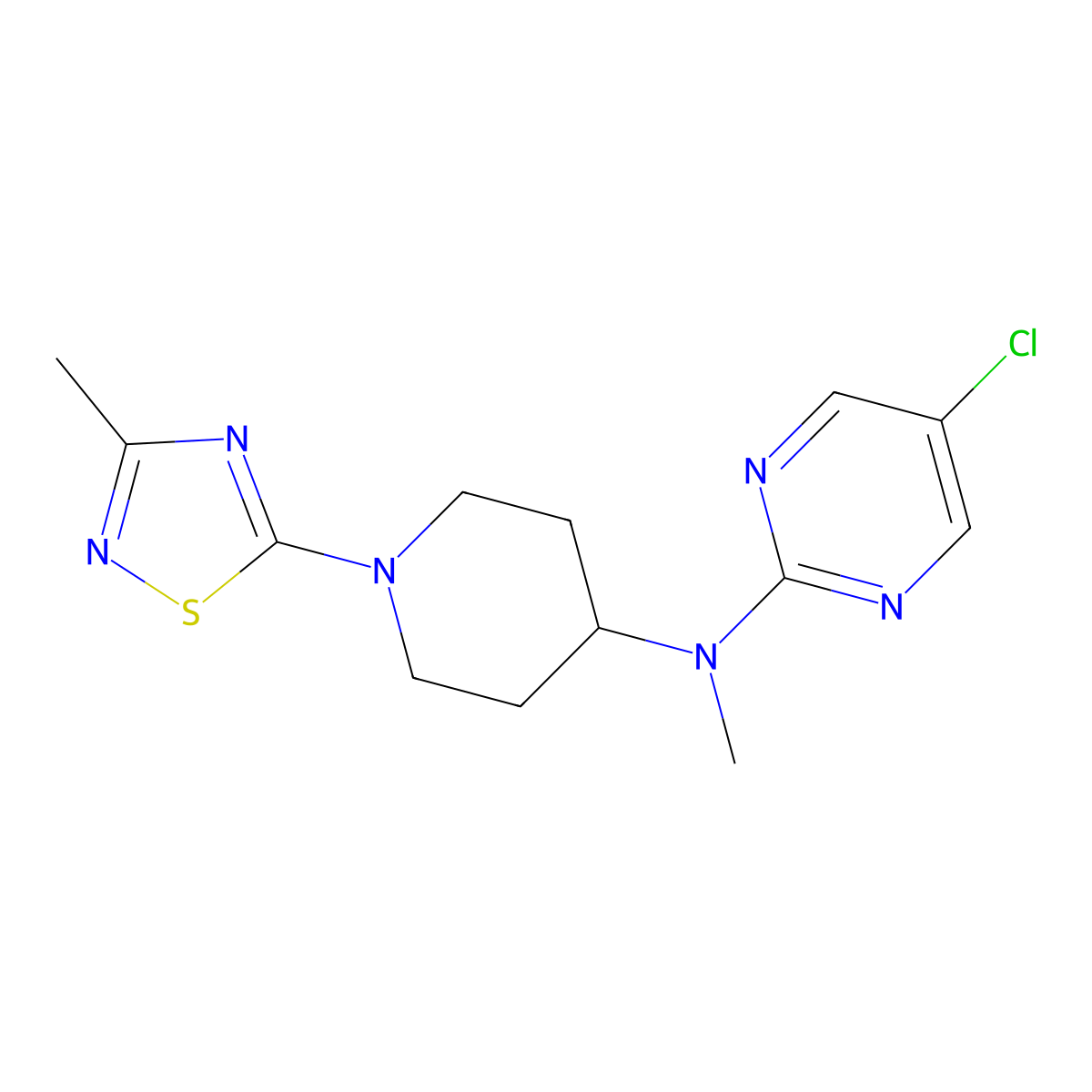 5-chloro-N-methyl-N-[1-(3-methyl-1,2,4-thiadiazol-5-yl)piperidin-4-yl]pyrimidin-2-amine molecular structure, CAS 2640953-85-9