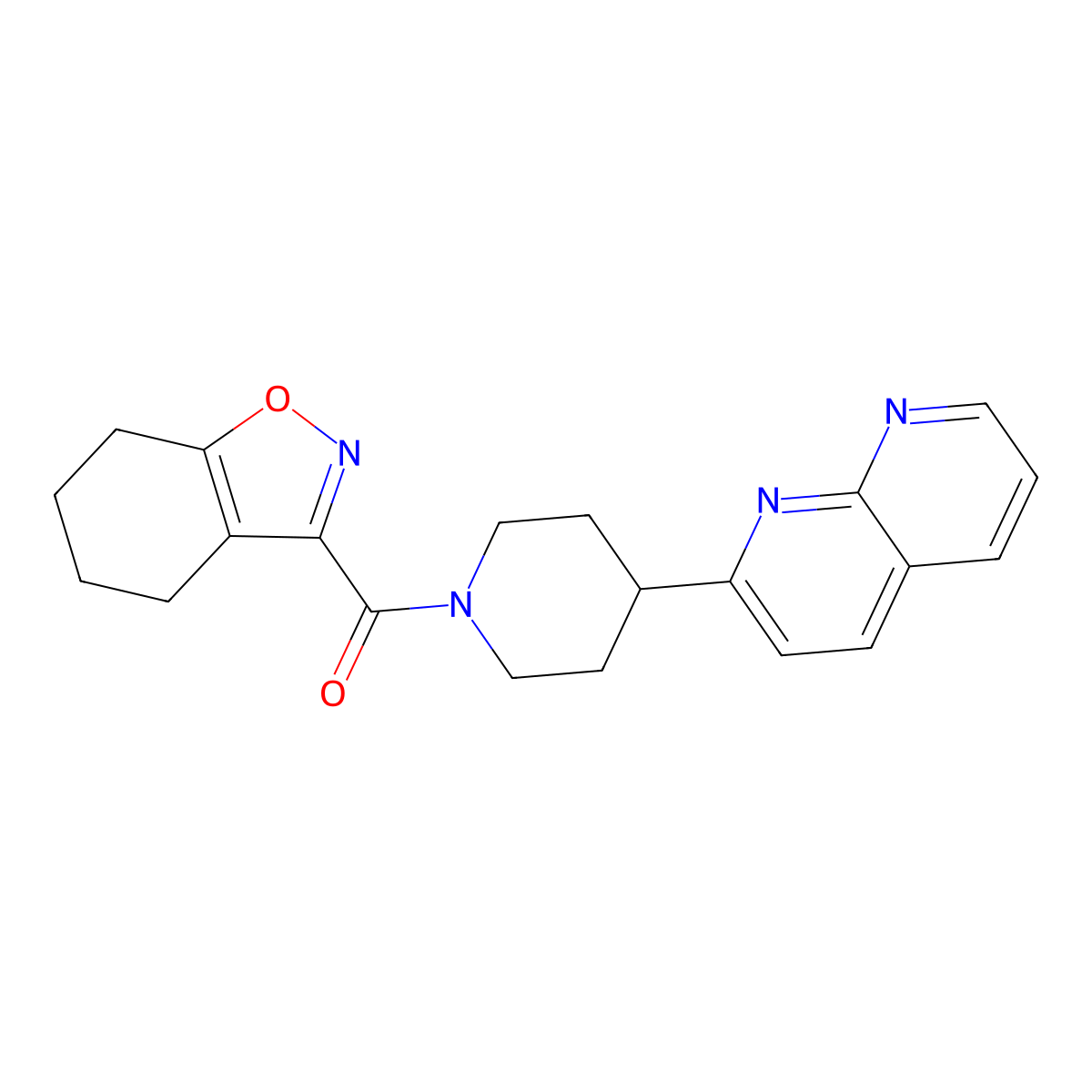 2-[1-(4,5,6,7-Tetrahydro-1,2-benzoxazole-3-carbonyl)piperidin-4-yl]-1,8-naphthyridine molecular structure, CAS 2640953-86-0