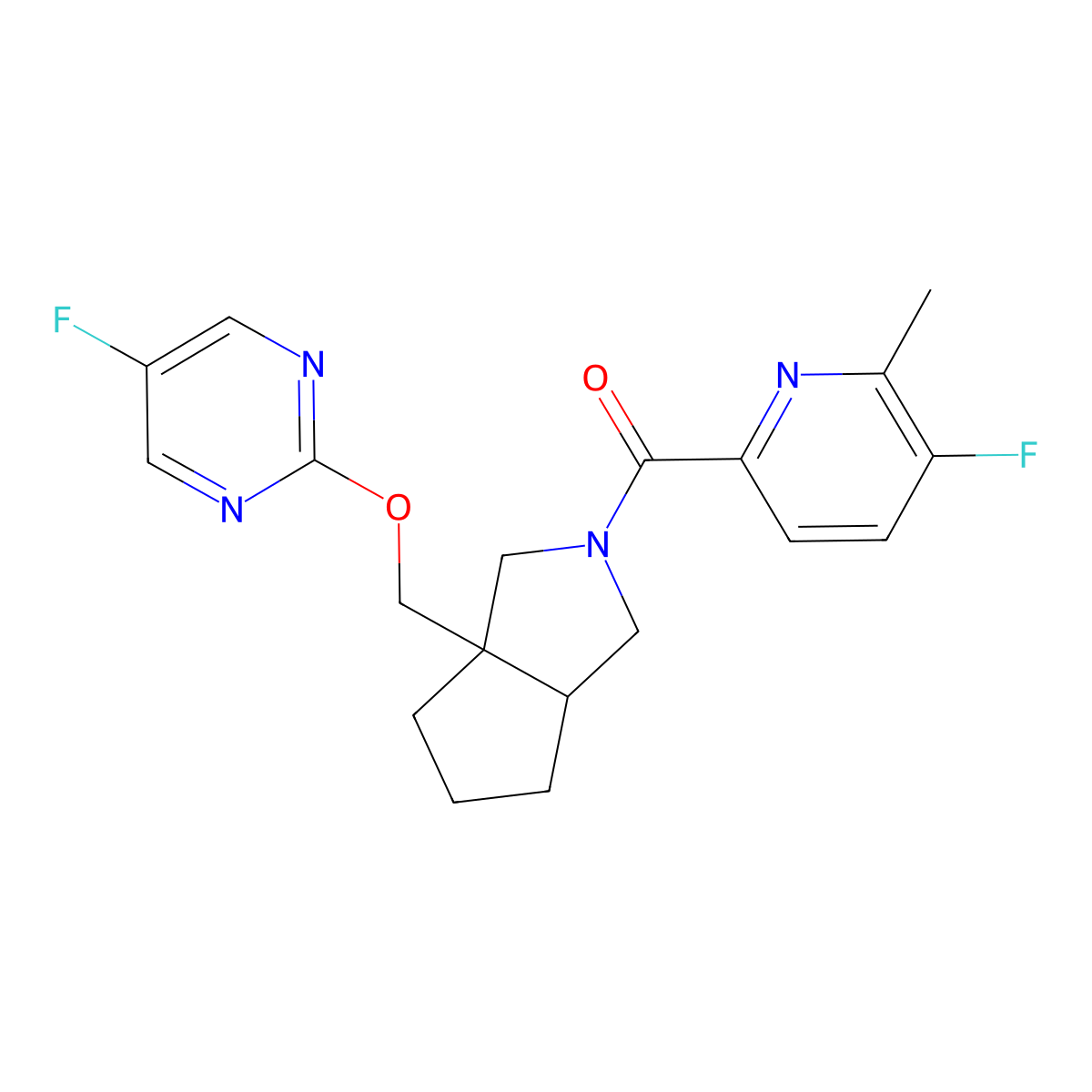 5-Fluoro-2-{[2-(5-fluoro-6-methylpyridine-2-carbonyl)-octahydrocyclopenta[c]pyrrol-3a-yl]methoxy}pyrimidine molecular structure, CAS 2640953-87-1