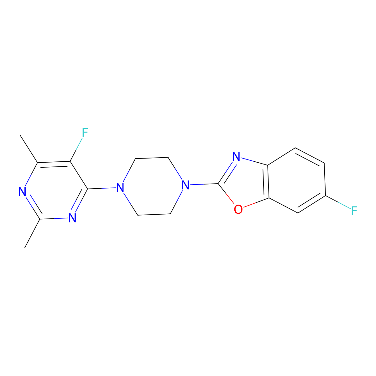 6-Fluoro-2-[4-(5-fluoro-2,6-dimethylpyrimidin-4-yl)piperazin-1-yl]-1,3-benzoxazole molecular structure, CAS 2640953-89-3