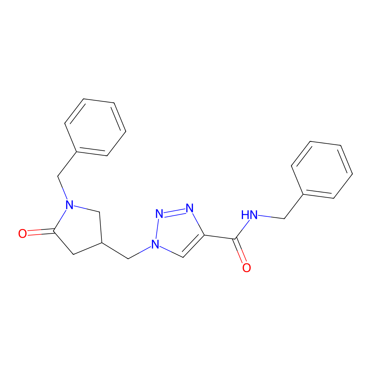 N-benzyl-1-[(1-benzyl-5-oxopyrrolidin-3-yl)methyl]-1H-1,2,3-triazole-4-carboxamide molecular structure, CAS 2640953-91-7