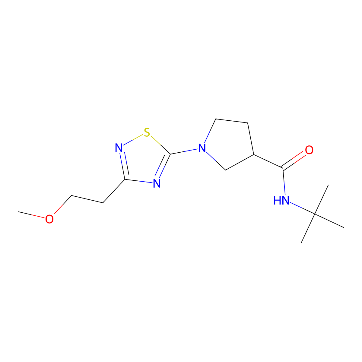 N-tert-butyl-1-[3-(2-methoxyethyl)-1,2,4-thiadiazol-5-yl]pyrrolidine-3-carboxamide molecular structure, CAS 2640953-93-9