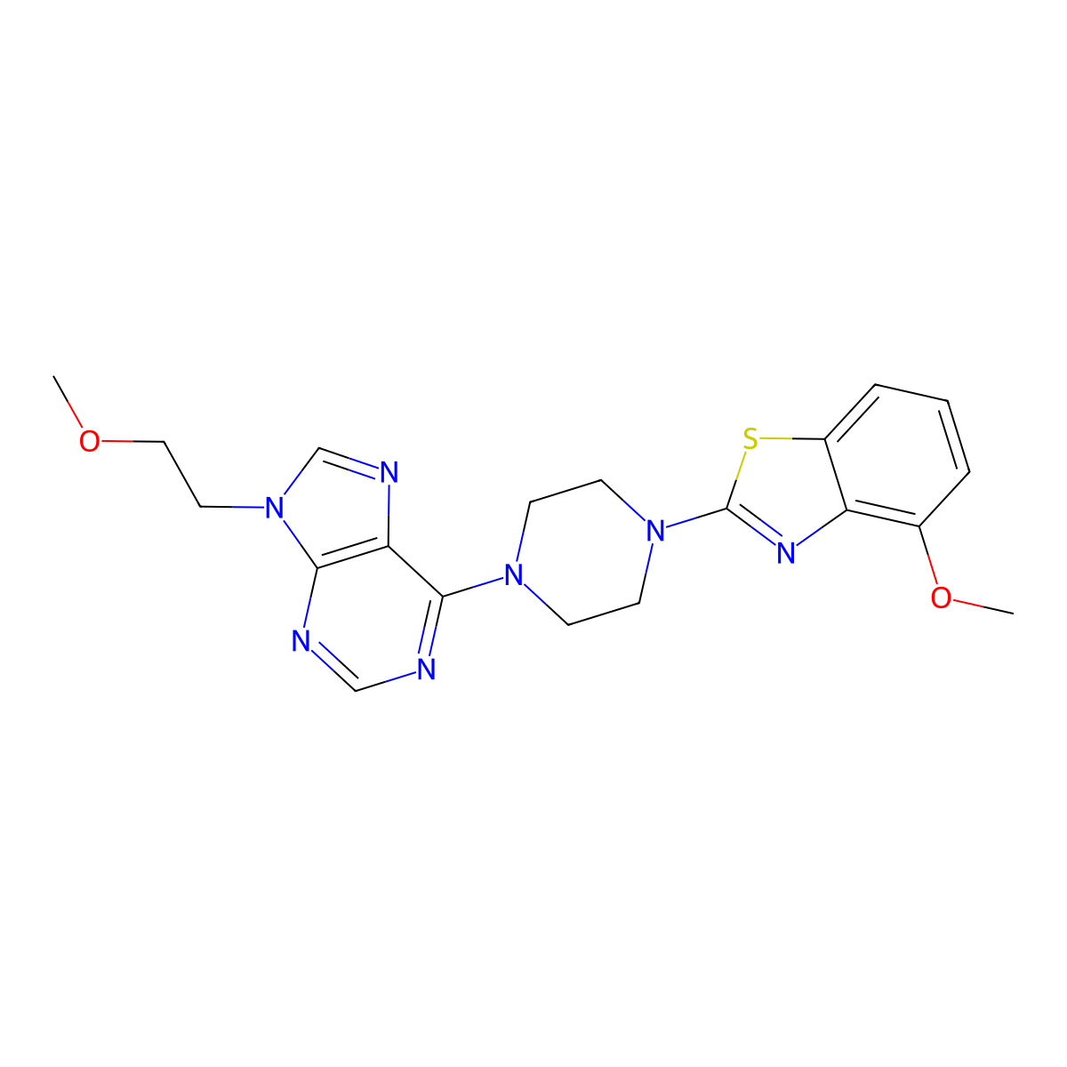 6-[4-(4-methoxy-1,3-benzothiazol-2-yl)piperazin-1-yl]-9-(2-methoxyethyl)-9H-purine molecular structure, CAS 2640953-96-2