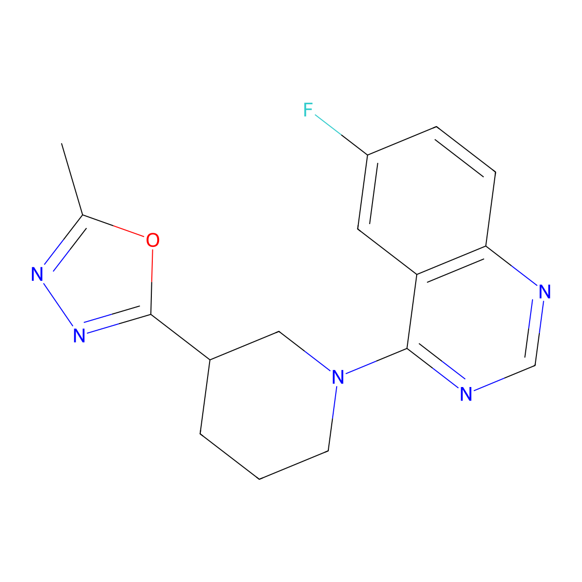 6-Fluoro-4-[3-(5-methyl-1,3,4-oxadiazol-2-yl)piperidin-1-yl]quinazoline molecular structure, CAS 2640954-00-1