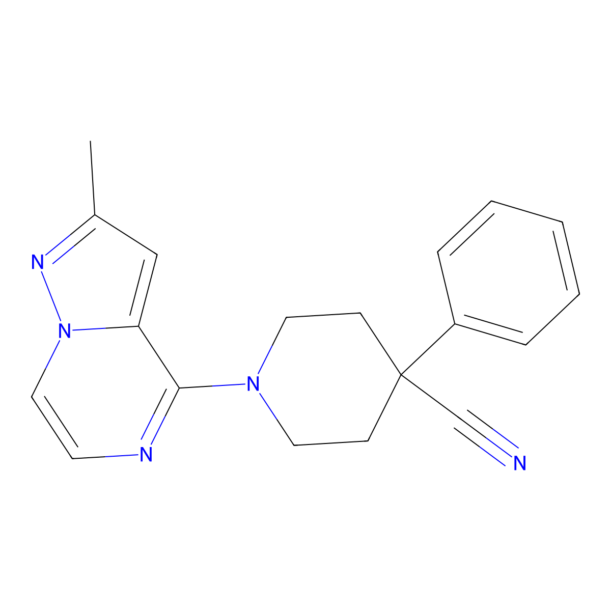 1-{2-Methylpyrazolo[1,5-a]pyrazin-4-yl}-4-phenylpiperidine-4-carbonitrile molecular structure, CAS 2640954-03-4