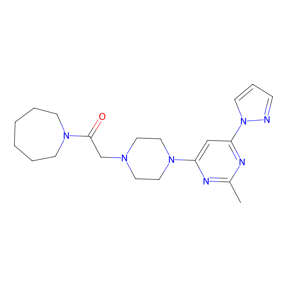 1-(azepan-1-yl)-2-{4-[2-methyl-6-(1H-pyrazol-1-yl)pyrimidin-4-yl]piperazin-1-yl}ethan-1-one molecular structure, CAS 2640954-09-0