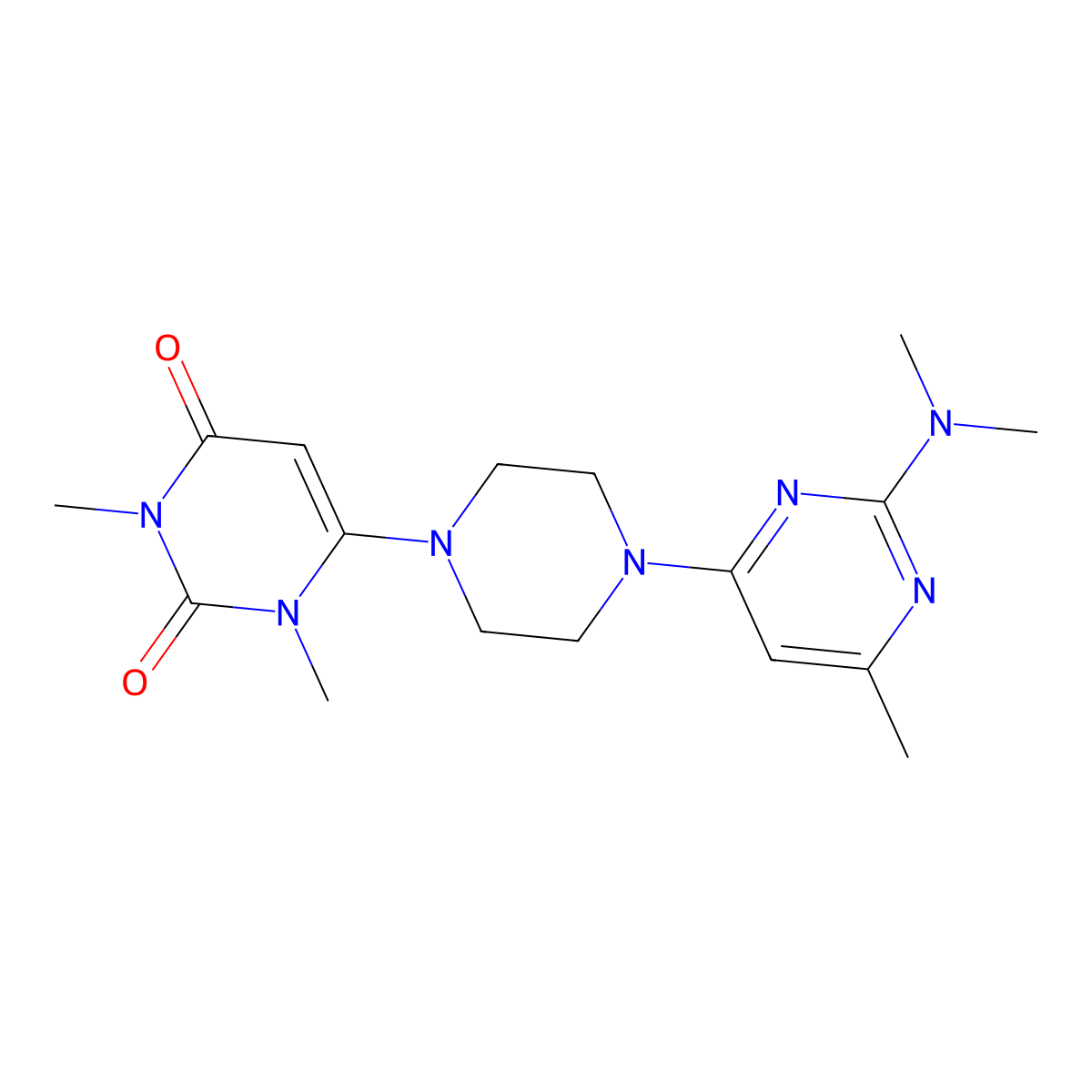 6-{4-[2-(Dimethylamino)-6-methylpyrimidin-4-yl]piperazin-1-yl}-1,3-dimethyl-1,2,3,4-tetrahydropyrimidine-2,4-dione molecular structure, CAS 2640954-15-8
