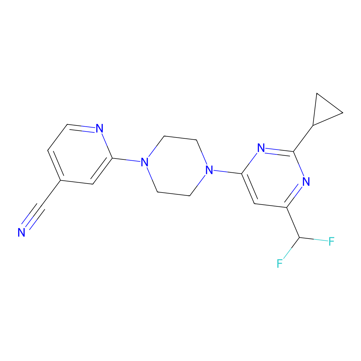 2-{4-[2-Cyclopropyl-6-(difluoromethyl)pyrimidin-4-yl]piperazin-1-yl}pyridine-4-carbonitrile molecular structure, CAS 2640954-16-9
