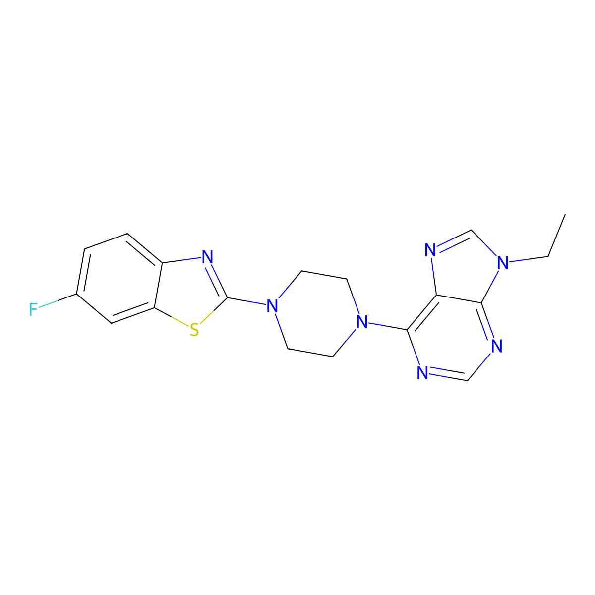 9-ethyl-6-[4-(6-fluoro-1,3-benzothiazol-2-yl)piperazin-1-yl]-9H-purine molecular structure, CAS 2640954-28-3