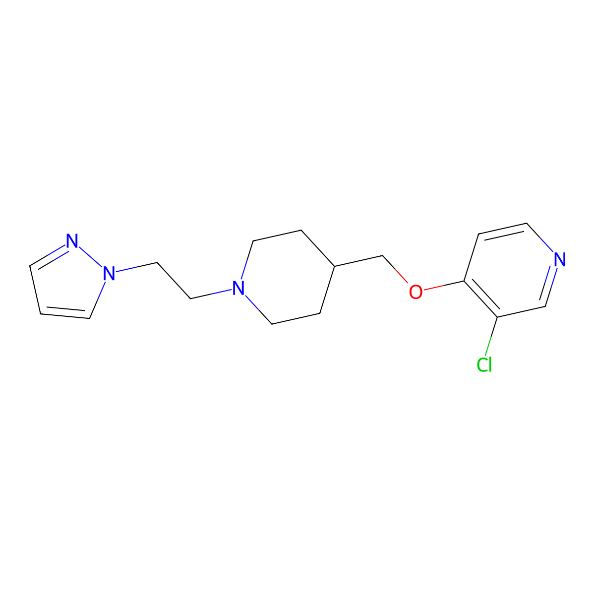 3-chloro-4-({1-[2-(1H-pyrazol-1-yl)ethyl]piperidin-4-yl}methoxy)pyridine molecular structure, CAS 2640954-29-4