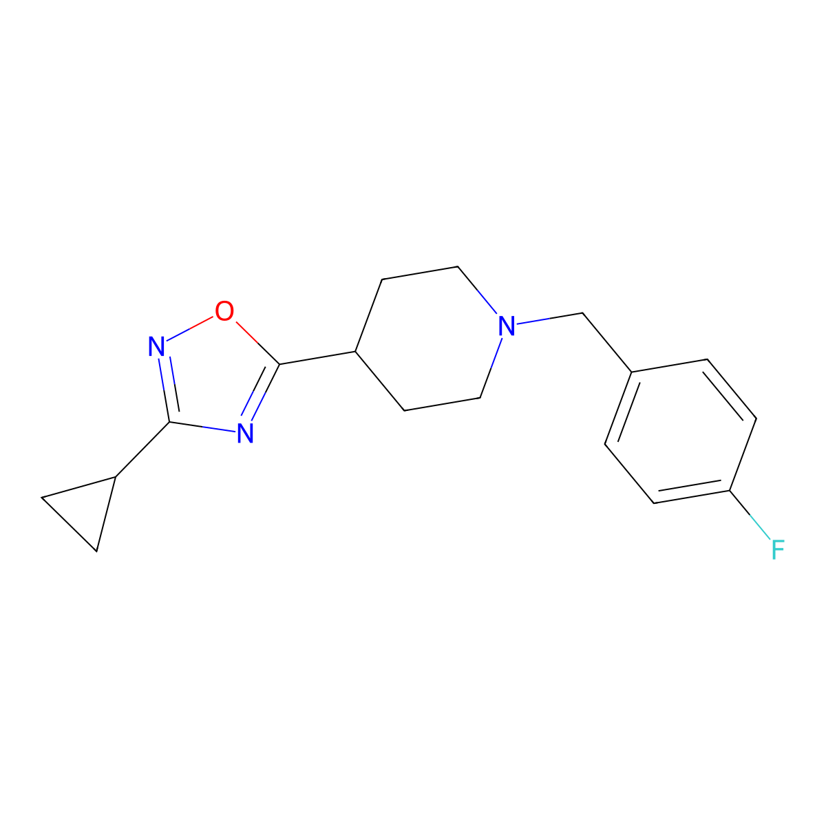 4-(3-Cyclopropyl-1,2,4-oxadiazol-5-yl)-1-[(4-fluorophenyl)methyl]piperidine molecular structure, CAS 2640954-31-8