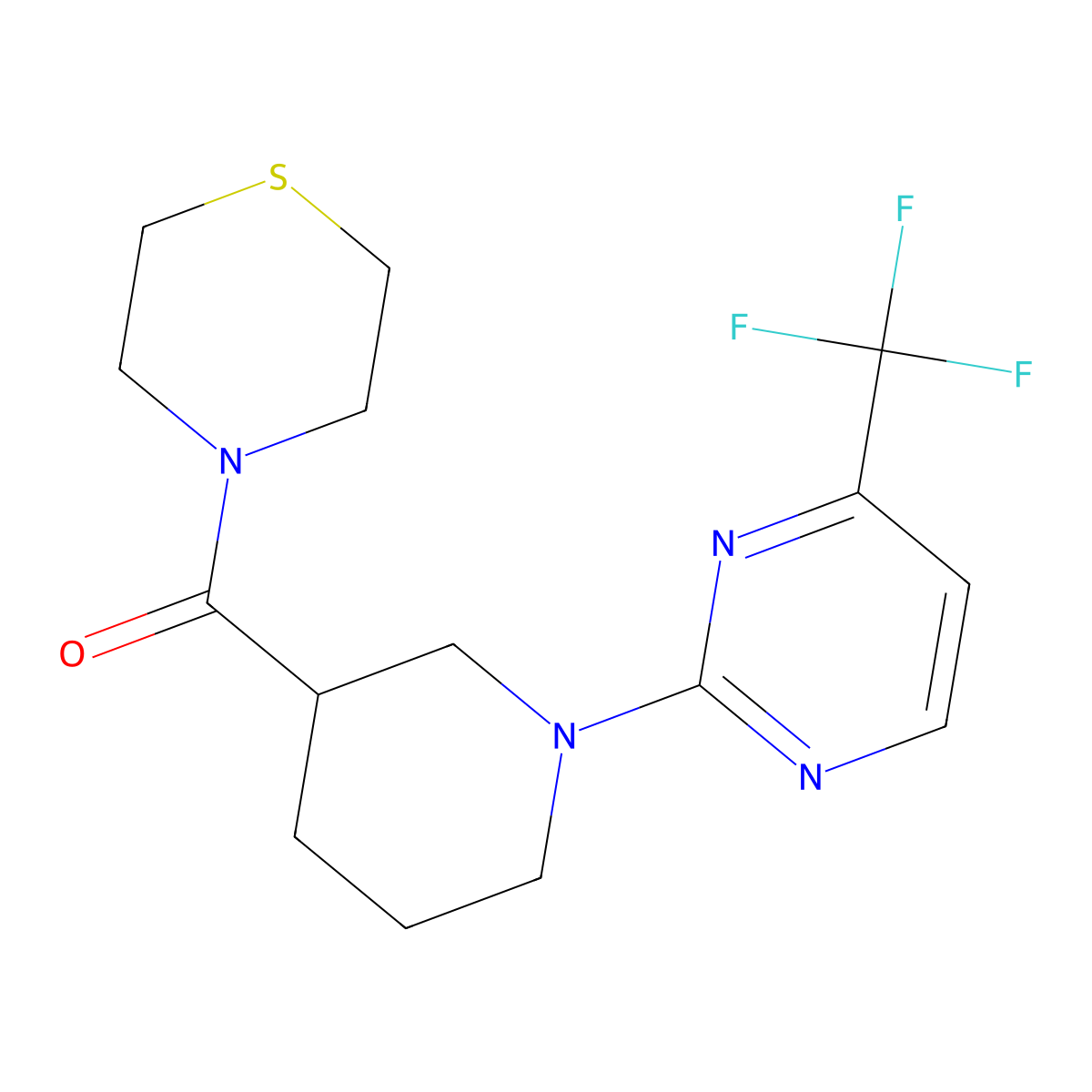 4-{1-[4-(Trifluoromethyl)pyrimidin-2-yl]piperidine-3-carbonyl}thiomorpholine molecular structure, CAS 2640954-35-2