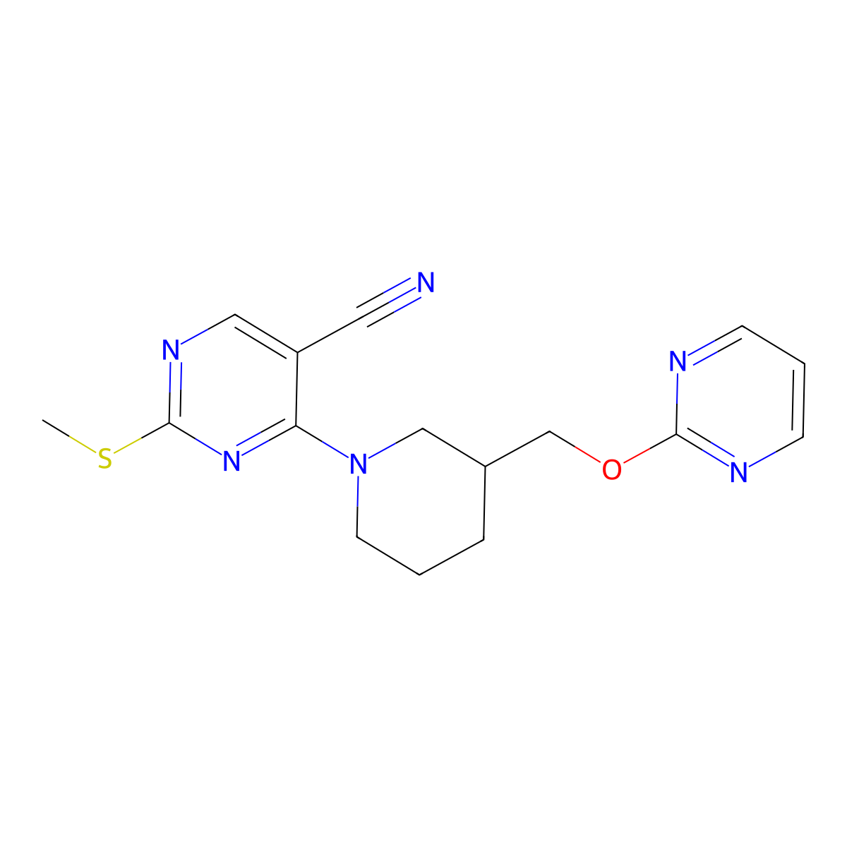 2-(Methylsulfanyl)-4-{3-[(pyrimidin-2-yloxy)methyl]piperidin-1-yl}pyrimidine-5-carbonitrile molecular structure, CAS 2640954-38-5