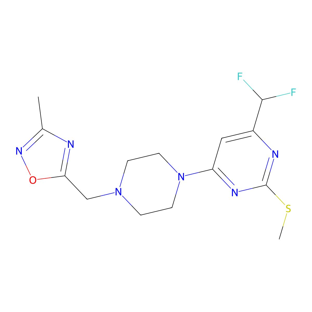 4-(Difluoromethyl)-6-{4-[(3-methyl-1,2,4-oxadiazol-5-yl)methyl]piperazin-1-yl}-2-(methylsulfanyl)pyrimidine molecular structure, CAS 2640954-46-5