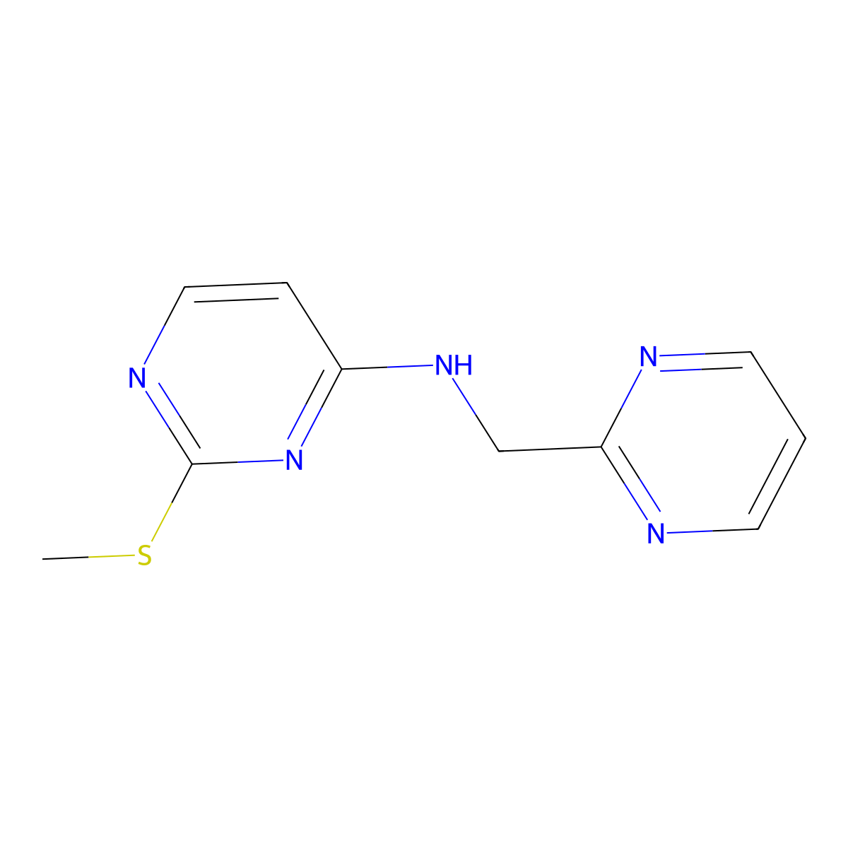 2-(methylsulfanyl)-N-[(pyrimidin-2-yl)methyl]pyrimidin-4-amine molecular structure, CAS 2640954-48-7