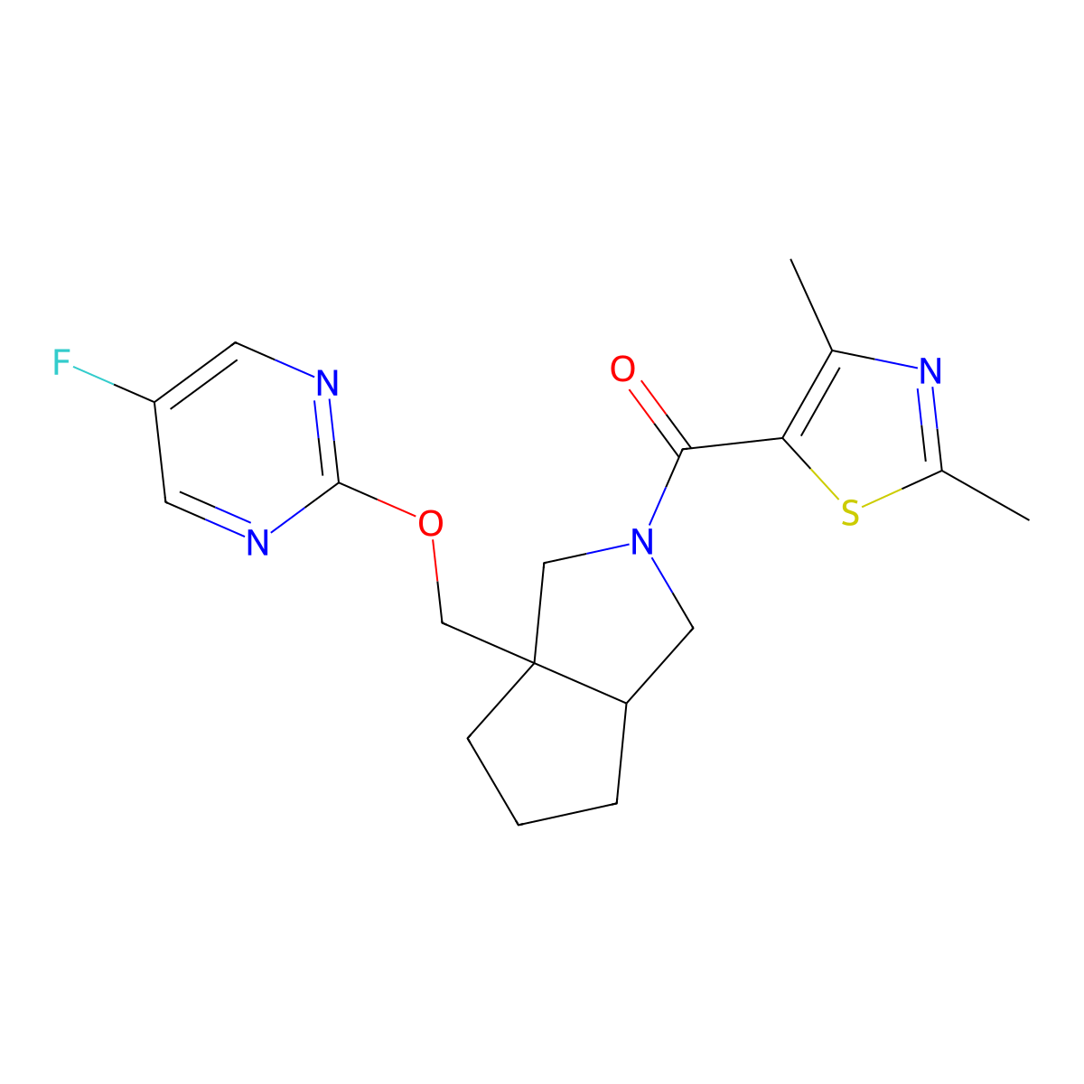 2-{[2-(2,4-Dimethyl-1,3-thiazole-5-carbonyl)-octahydrocyclopenta[c]pyrrol-3a-yl]methoxy}-5-fluoropyrimidine molecular structure, CAS 2640954-53-4