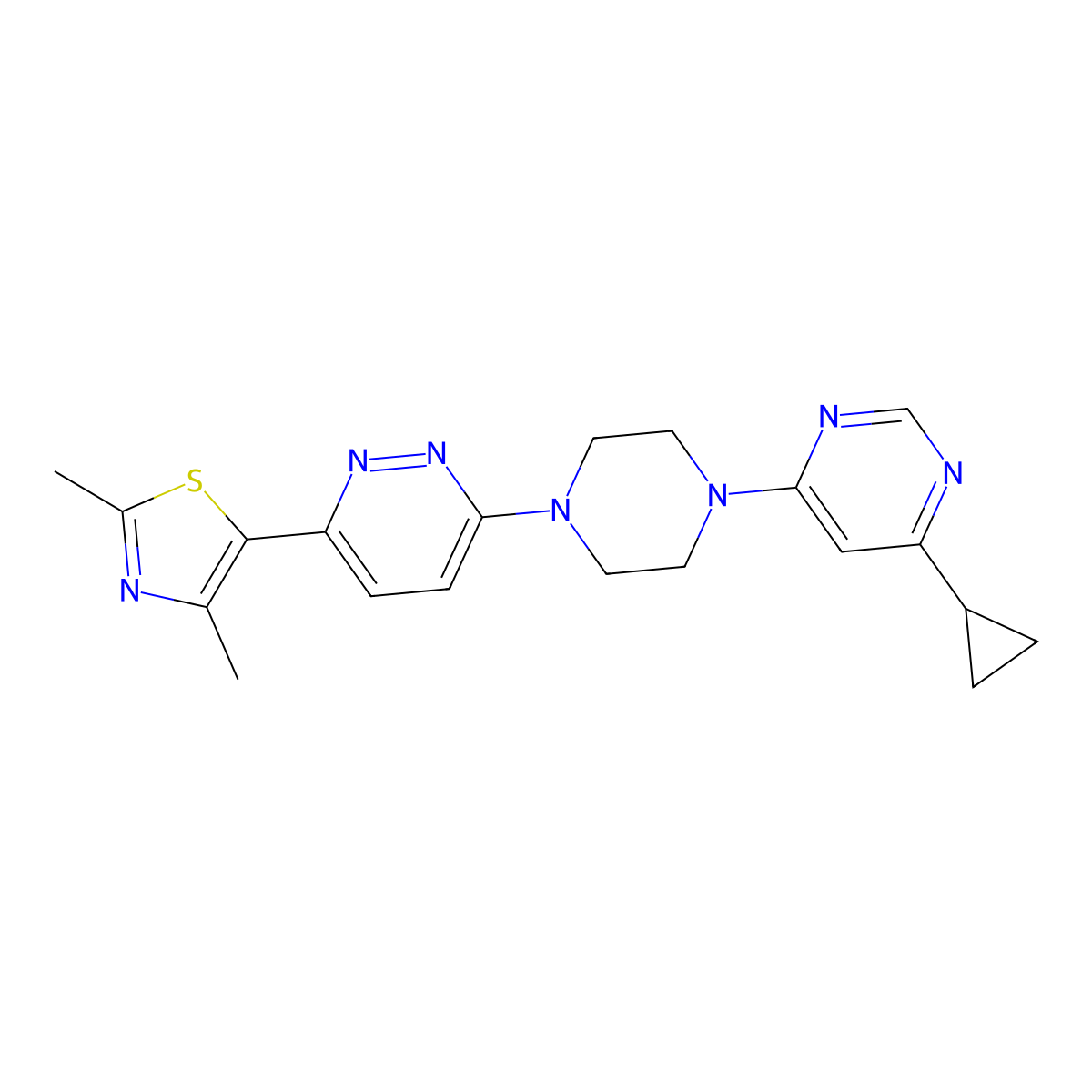 4-Cyclopropyl-6-{4-[6-(2,4-dimethyl-1,3-thiazol-5-yl)pyridazin-3-yl]piperazin-1-yl}pyrimidine molecular structure, CAS 2640954-54-5