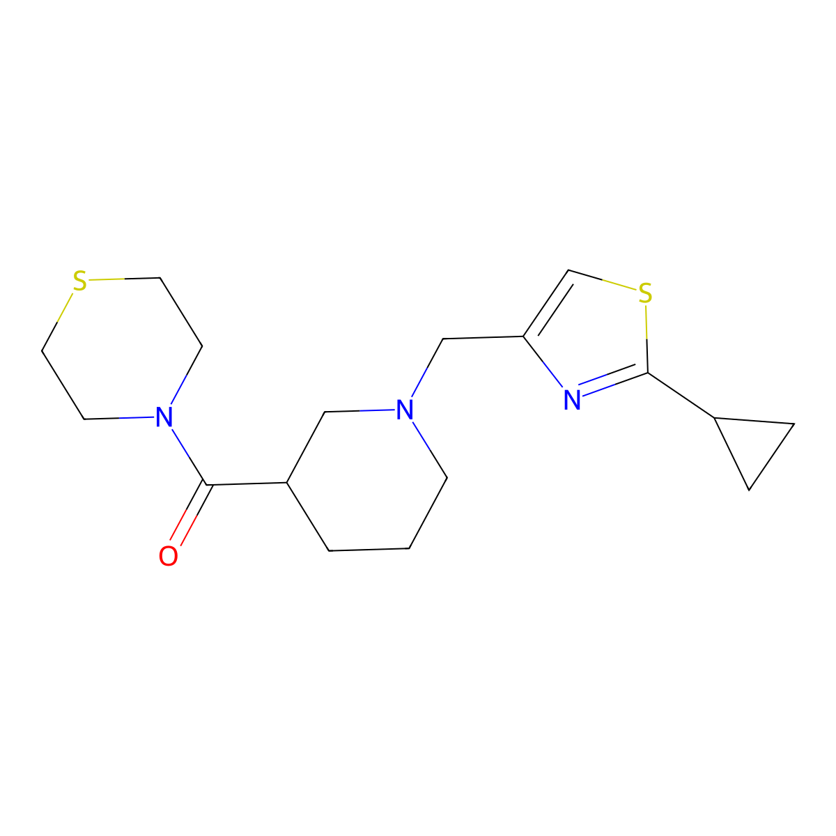 4-{1-[(2-Cyclopropyl-1,3-thiazol-4-yl)methyl]piperidine-3-carbonyl}thiomorpholine molecular structure, CAS 2640954-59-0
