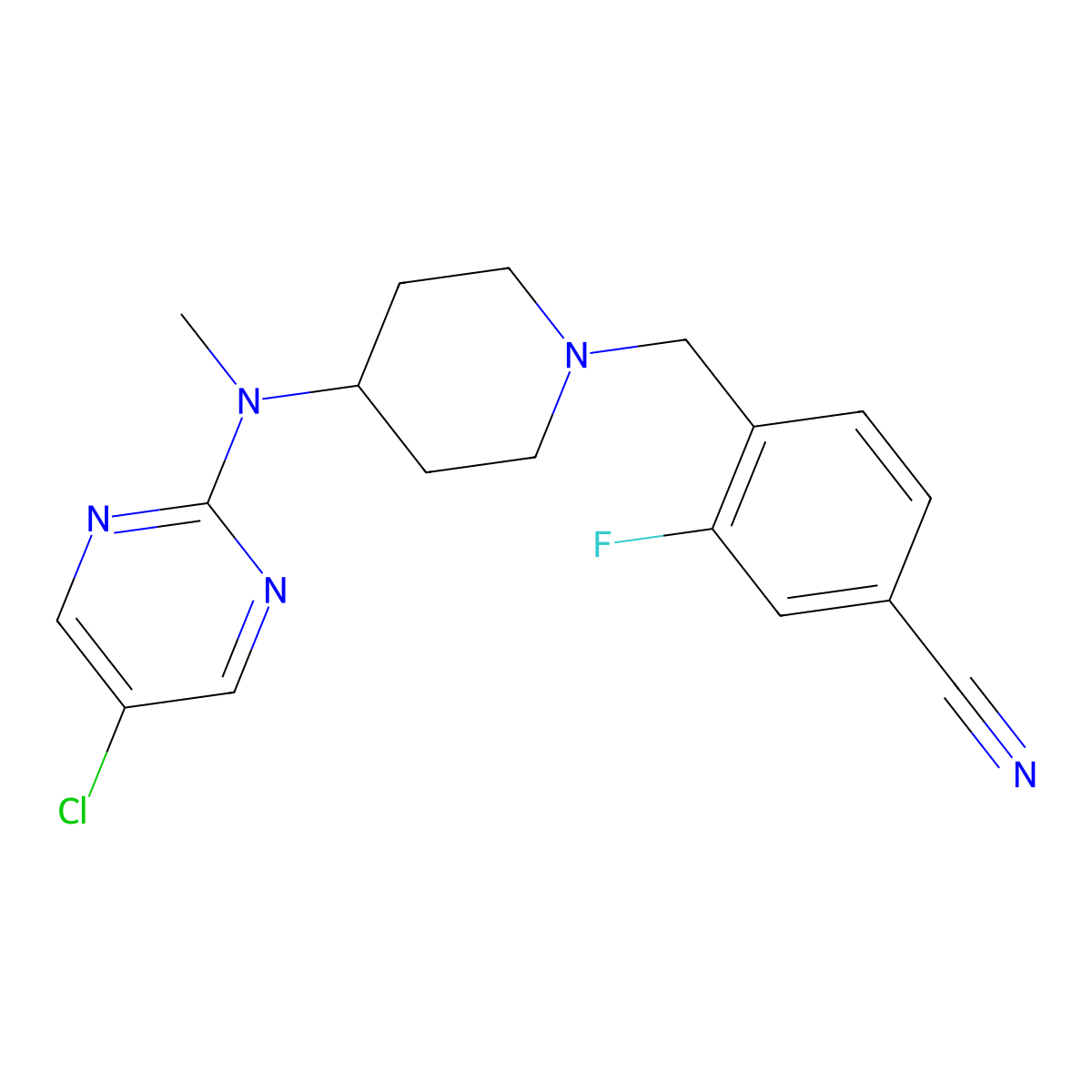 4-({4-[(5-Chloropyrimidin-2-yl)(methyl)amino]piperidin-1-yl}methyl)-3-fluorobenzonitrile molecular structure, CAS 2640954-61-4