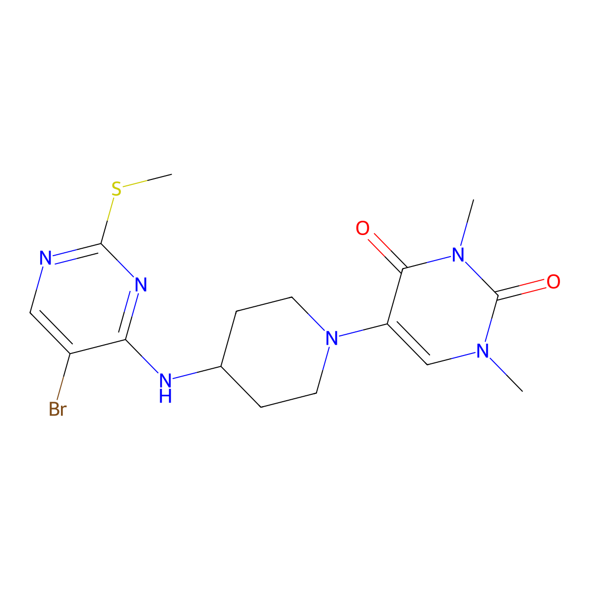 5-(4-{[5-Bromo-2-(methylsulfanyl)pyrimidin-4-yl]amino}piperidin-1-yl)-1,3-dimethyl-1,2,3,4-tetrahydropyrimidine-2,4-dione molecular structure, CAS 2640954-68-1