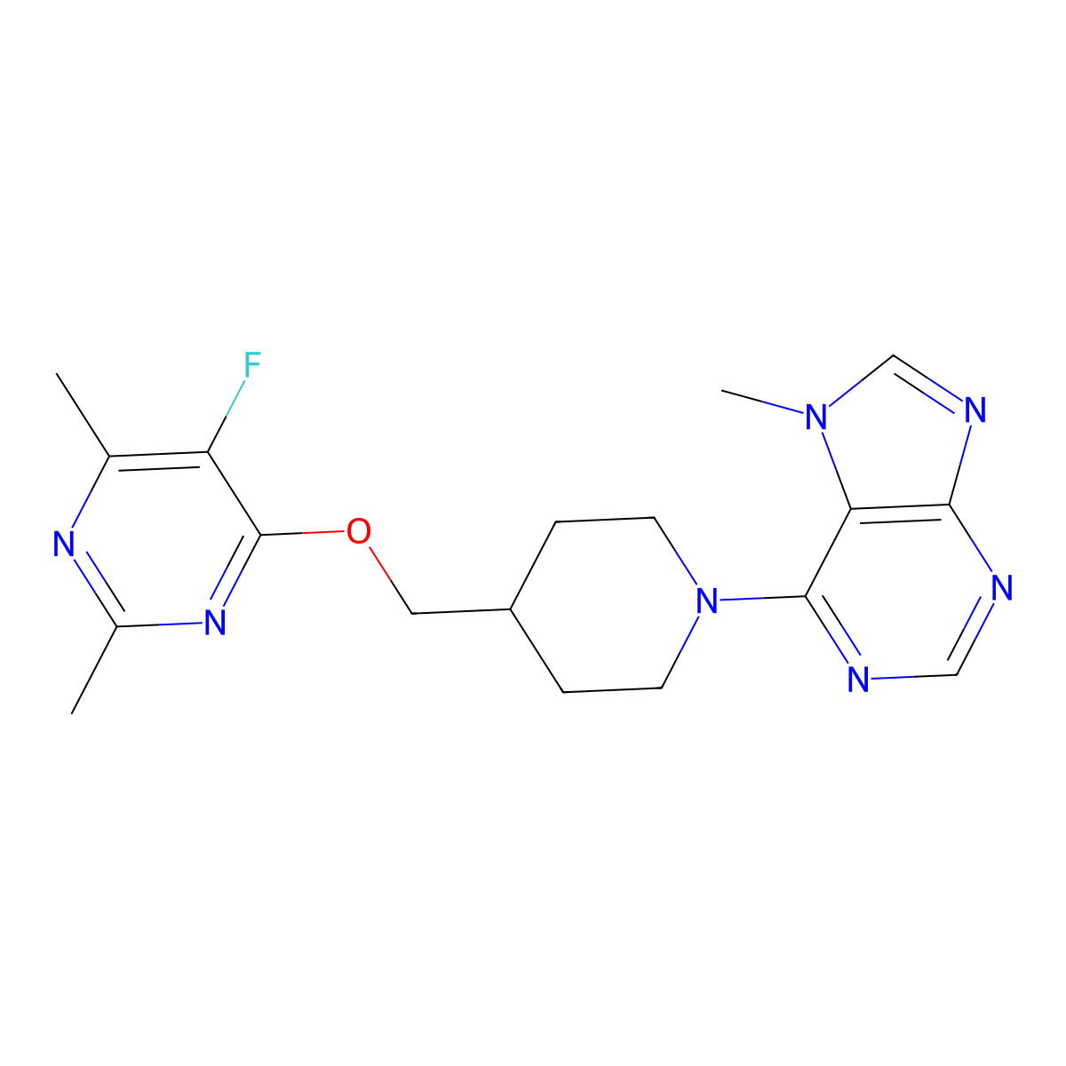 6-(4-{[(5-fluoro-2,6-dimethylpyrimidin-4-yl)oxy]methyl}piperidin-1-yl)-7-methyl-7H-purine molecular structure, CAS 2640954-77-2