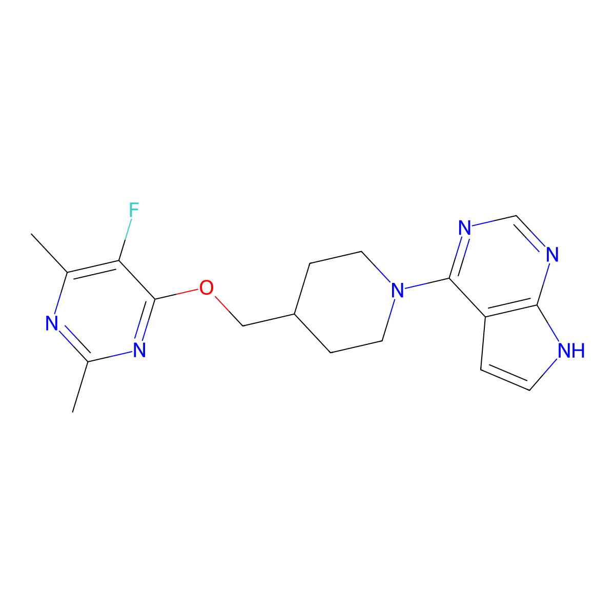 5-fluoro-2,4-dimethyl-6-[(1-{7H-pyrrolo[2,3-d]pyrimidin-4-yl}piperidin-4-yl)methoxy]pyrimidine molecular structure, CAS 2640954-81-8