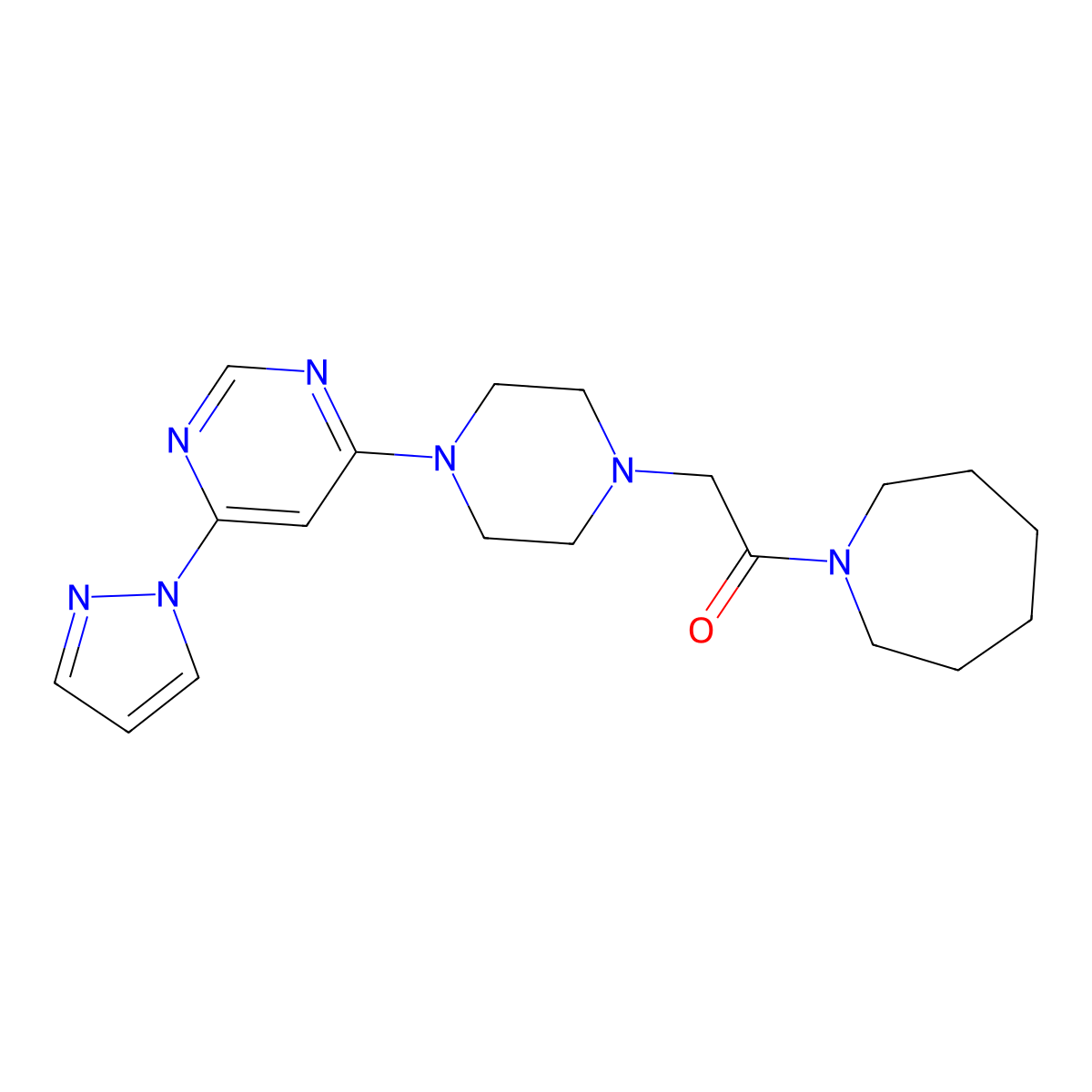 1-(azepan-1-yl)-2-{4-[6-(1H-pyrazol-1-yl)pyrimidin-4-yl]piperazin-1-yl}ethan-1-one molecular structure, CAS 2640954-89-6