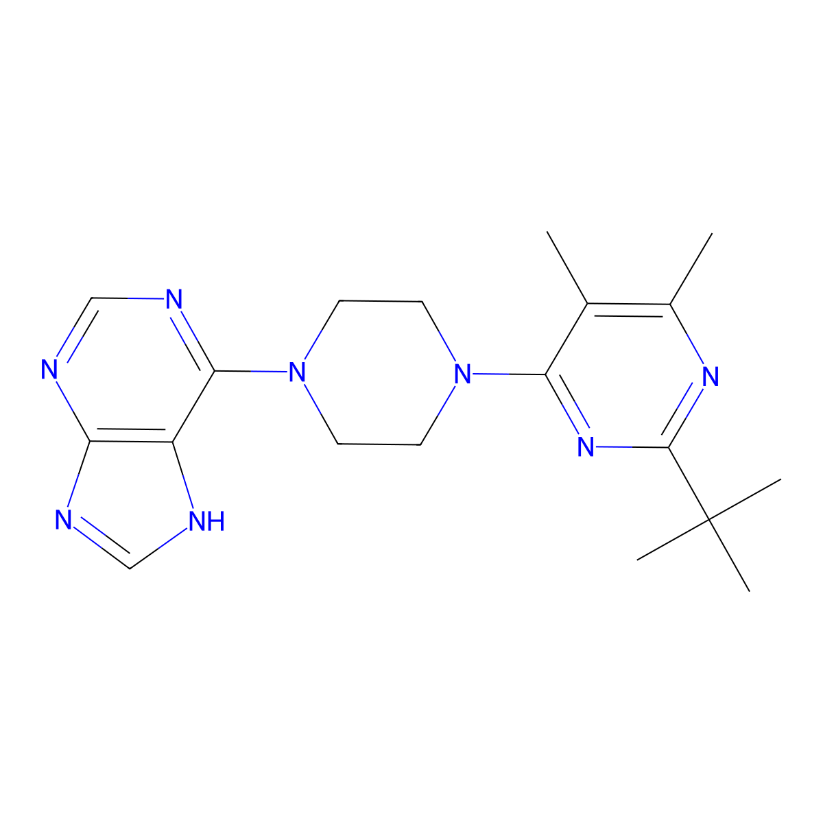 6-[4-(2-tert-butyl-5,6-dimethylpyrimidin-4-yl)piperazin-1-yl]-9H-purine molecular structure, CAS 2640954-90-9