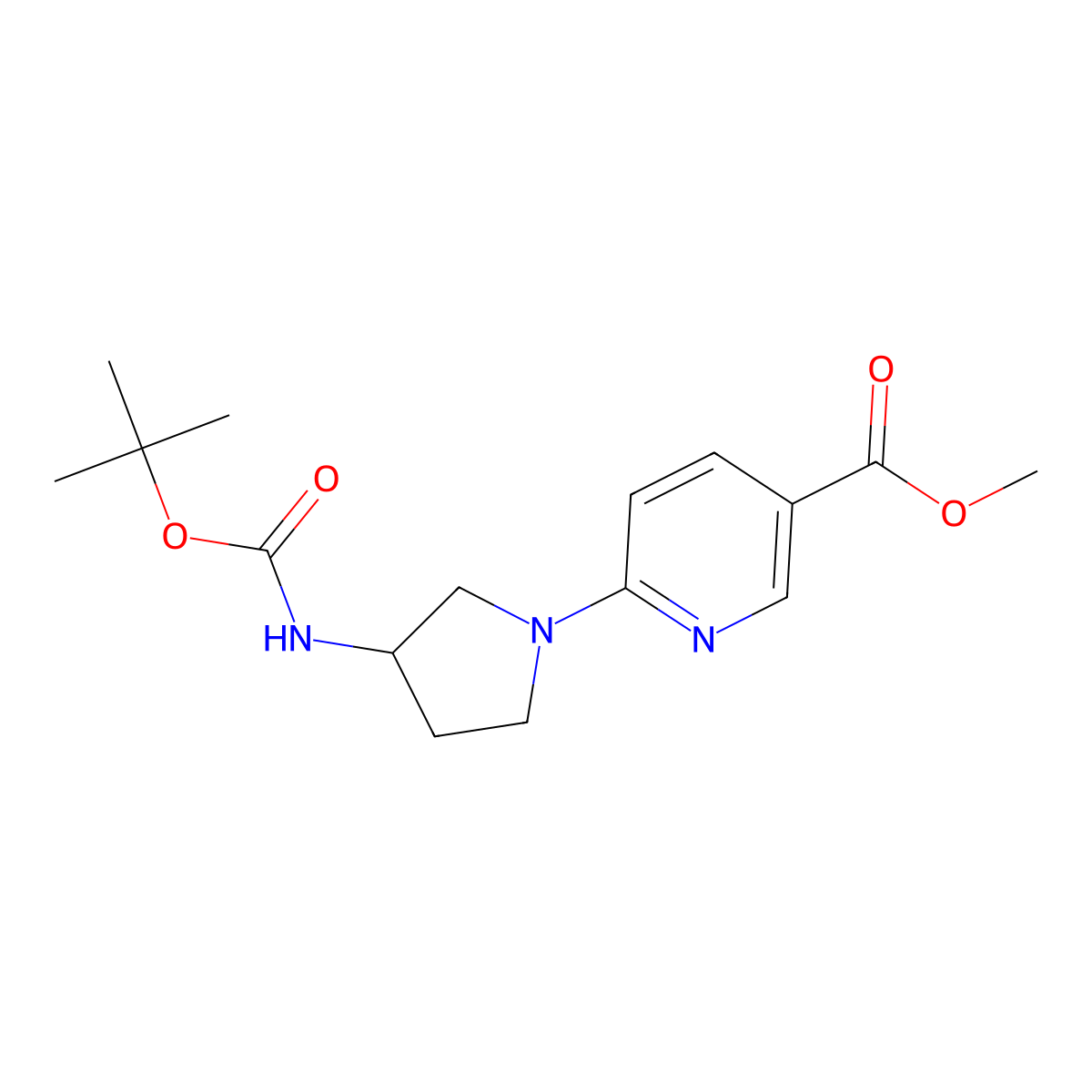 Methyl 6-(3-{[(tert-butoxy)carbonyl]amino}pyrrolidin-1-yl)pyridine-3-carboxylate molecular structure, CAS 2640955-02-6