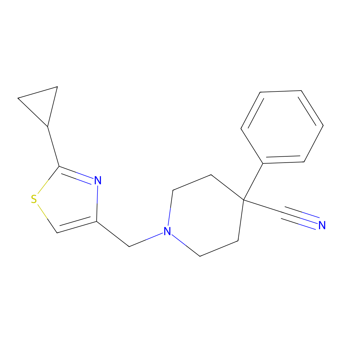 1-[(2-Cyclopropyl-1,3-thiazol-4-yl)methyl]-4-phenylpiperidine-4-carbonitrile molecular structure, CAS 2640955-08-2