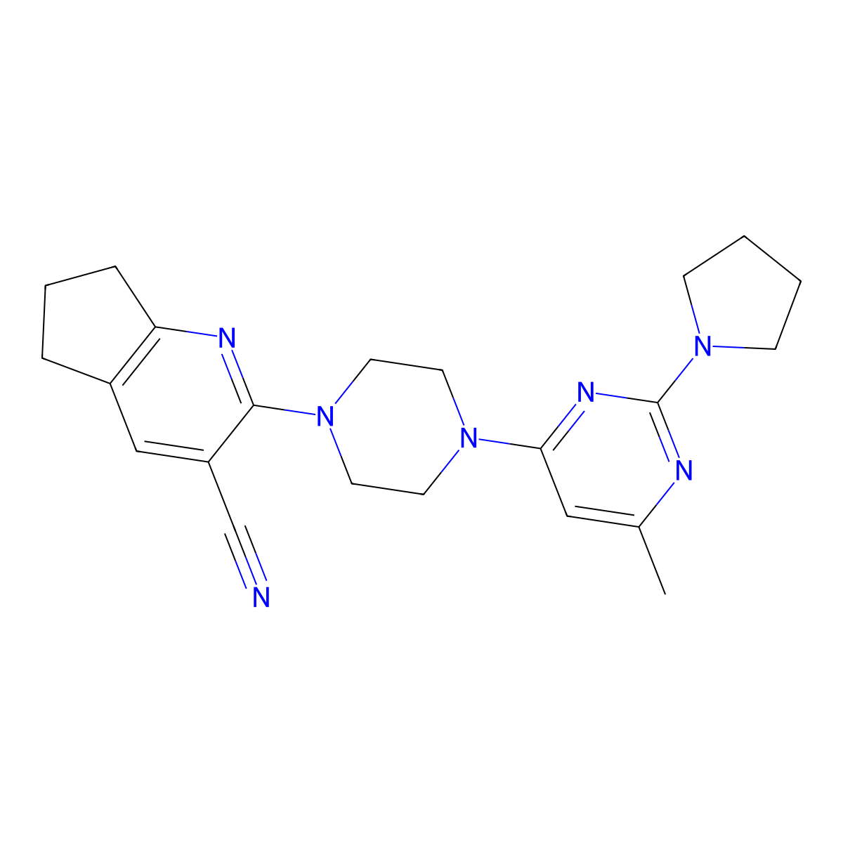 2-{4-[6-methyl-2-(pyrrolidin-1-yl)pyrimidin-4-yl]piperazin-1-yl}-5H,6H,7H-cyclopenta[b]pyridine-3-carbonitrile molecular structure, CAS 2640955-12-8