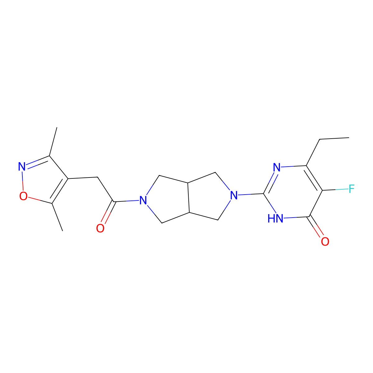2-{5-[2-(3,5-Dimethyl-1,2-oxazol-4-yl)acetyl]-octahydropyrrolo[3,4-c]pyrrol-2-yl}-6-ethyl-5-fluoro-3,4-dihydropyrimidin-4-one molecular structure, CAS 2640955-18-4