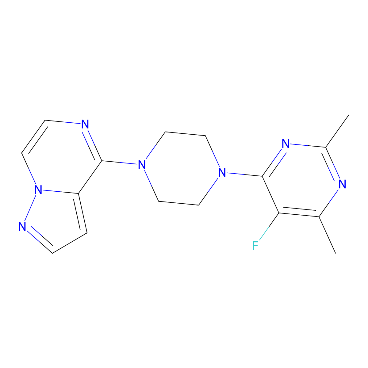 5-Fluoro-2,4-dimethyl-6-(4-{pyrazolo[1,5-a]pyrazin-4-yl}piperazin-1-yl)pyrimidine molecular structure, CAS 2640955-23-1