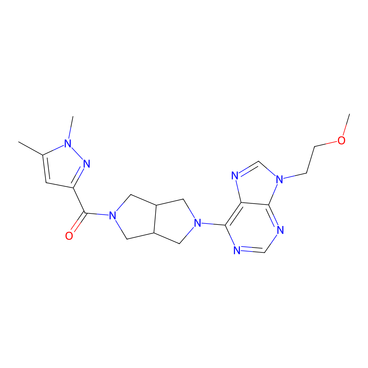 6-[5-(1,5-dimethyl-1H-pyrazole-3-carbonyl)-octahydropyrrolo[3,4-c]pyrrol-2-yl]-9-(2-methoxyethyl)-9H-purine molecular structure, CAS 2640955-34-4