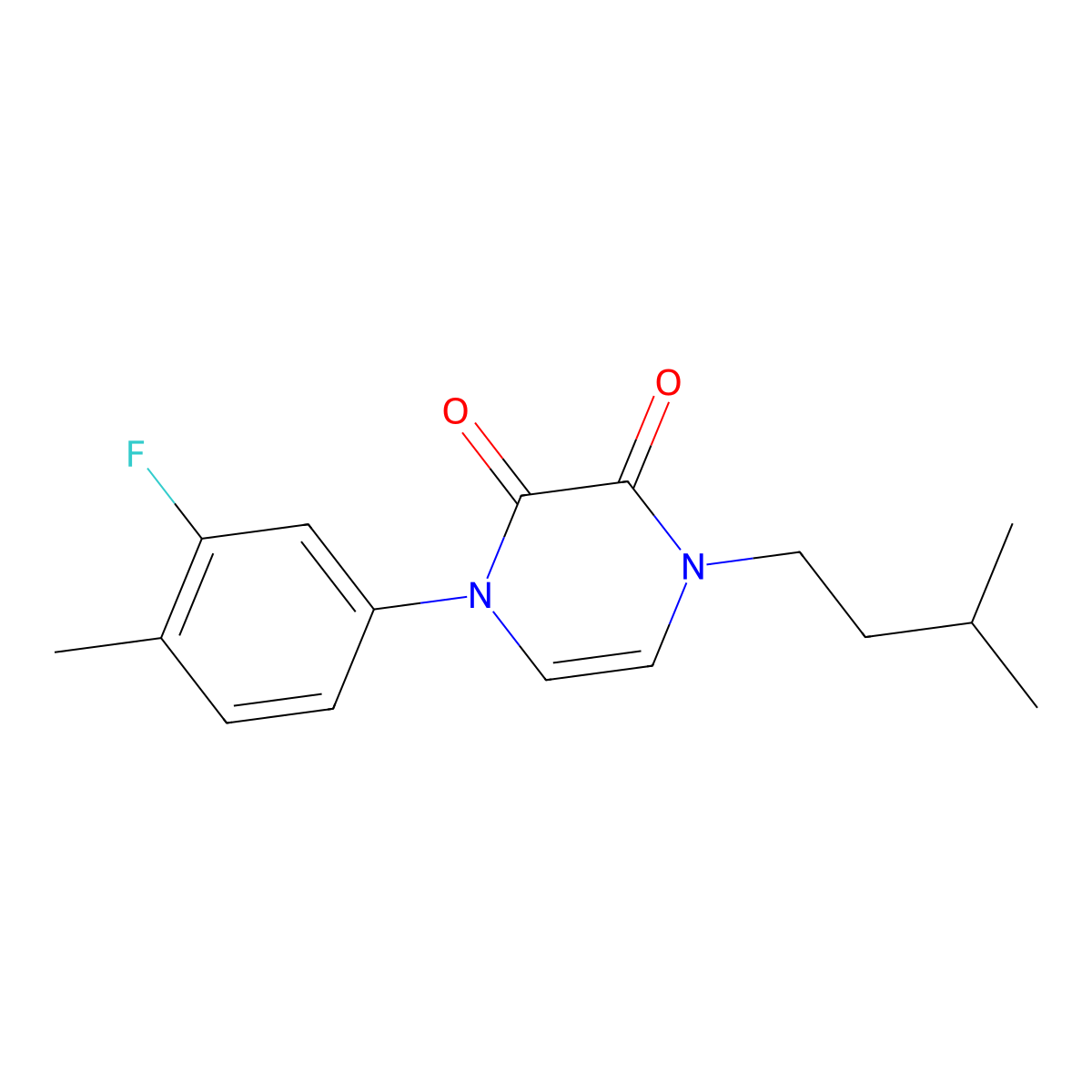 1-(3-Fluoro-4-methylphenyl)-4-(3-methylbutyl)-1,2,3,4-tetrahydropyrazine-2,3-dione molecular structure, CAS 2640955-35-5