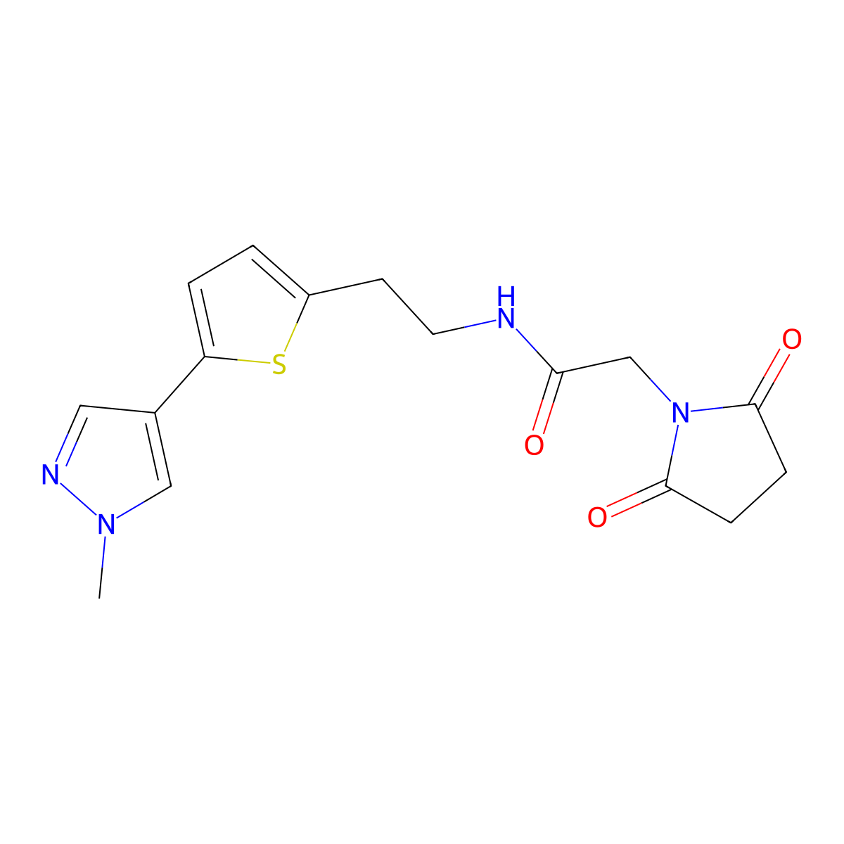 2-(2,5-dioxopyrrolidin-1-yl)-N-{2-[5-(1-methyl-1H-pyrazol-4-yl)thiophen-2-yl]ethyl}acetamide molecular structure, CAS 2640955-54-8