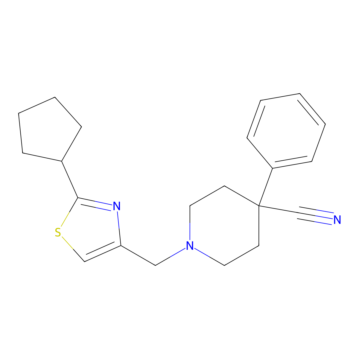 1-[(2-Cyclopentyl-1,3-thiazol-4-yl)methyl]-4-phenylpiperidine-4-carbonitrile molecular structure, CAS 2640955-55-9
