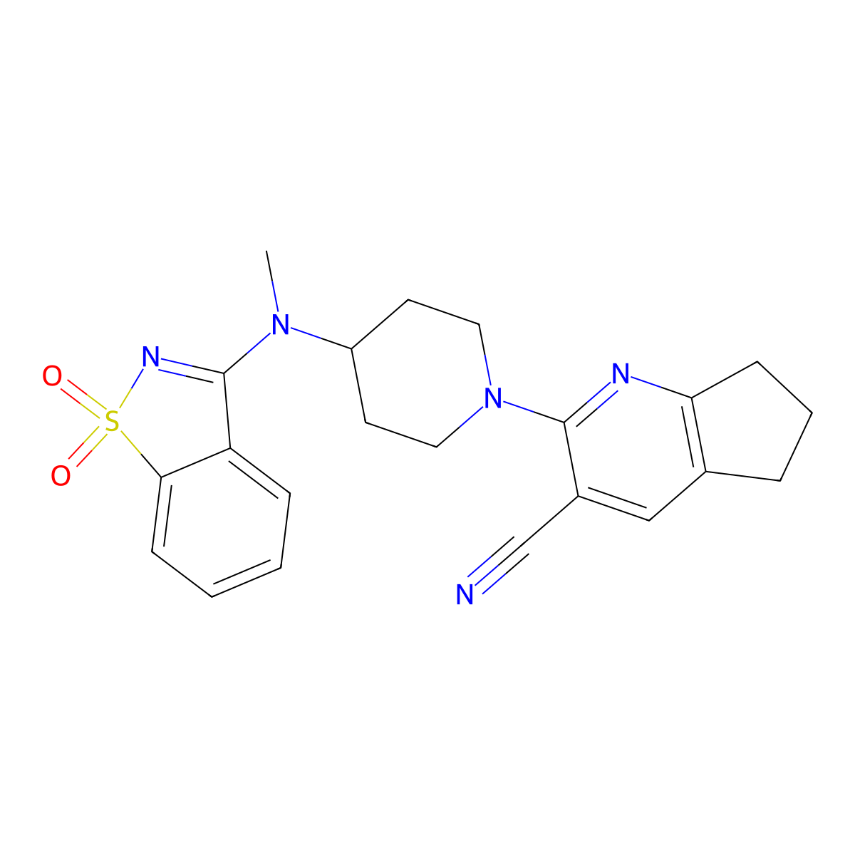 2-[4-[(1,1-dioxo-1,2-benzothiazol-3-yl)-methylamino]piperidin-1-yl]-6,7-dihydro-5H-cyclopenta[b]pyridine-3-carbonitrile molecular structure, CAS 2640955-56-0