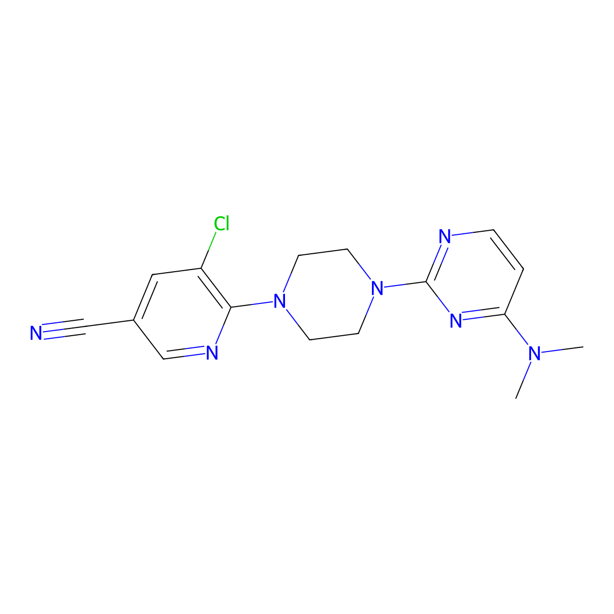 5-Chloro-6-{4-[4-(dimethylamino)pyrimidin-2-yl]piperazin-1-yl}pyridine-3-carbonitrile molecular structure, CAS 2640955-62-8