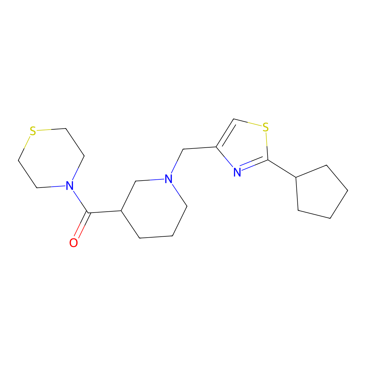 4-{1-[(2-Cyclopentyl-1,3-thiazol-4-yl)methyl]piperidine-3-carbonyl}thiomorpholine molecular structure, CAS 2640955-63-9