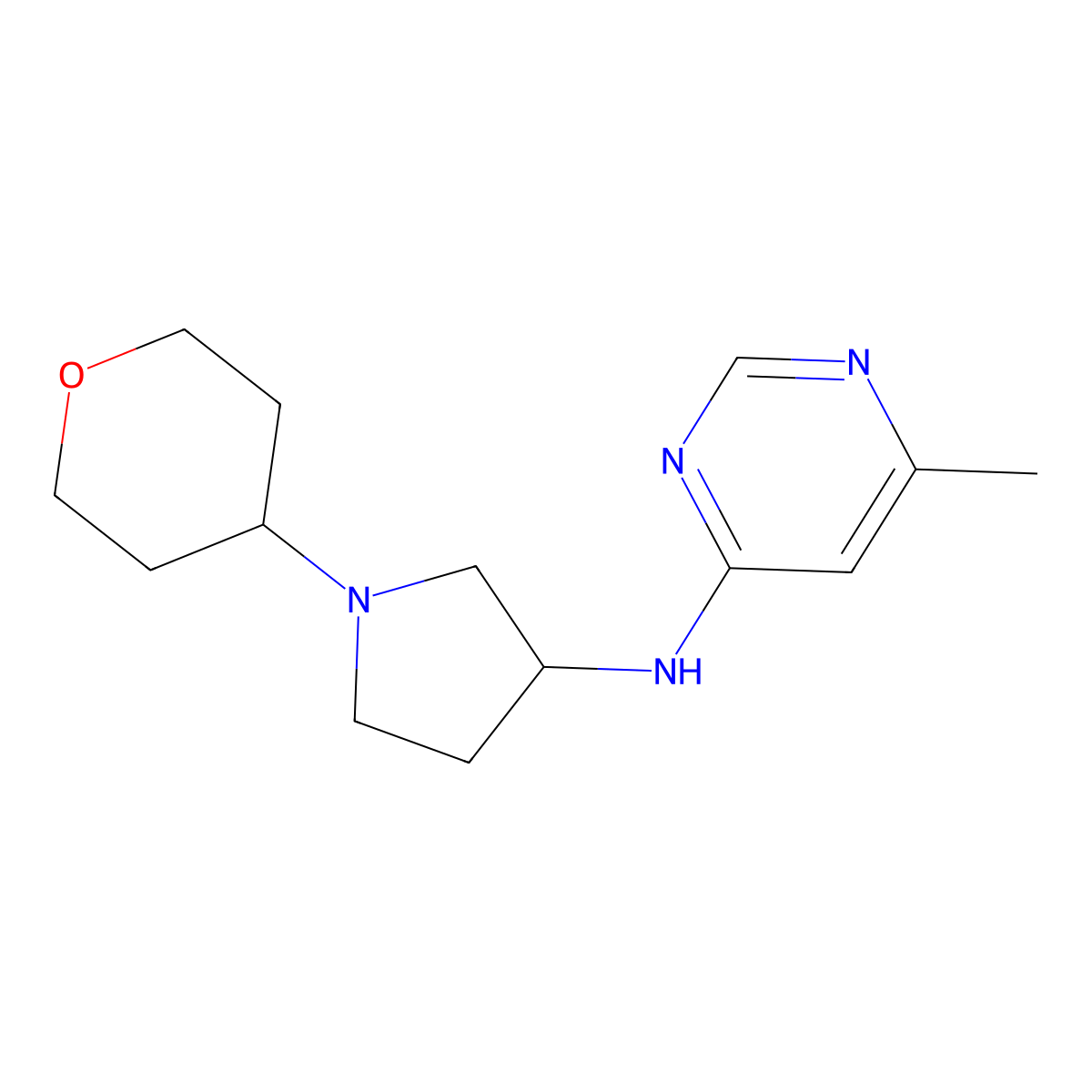 6-methyl-N-[1-(oxan-4-yl)pyrrolidin-3-yl]pyrimidin-4-amine molecular structure, CAS 2640955-64-0